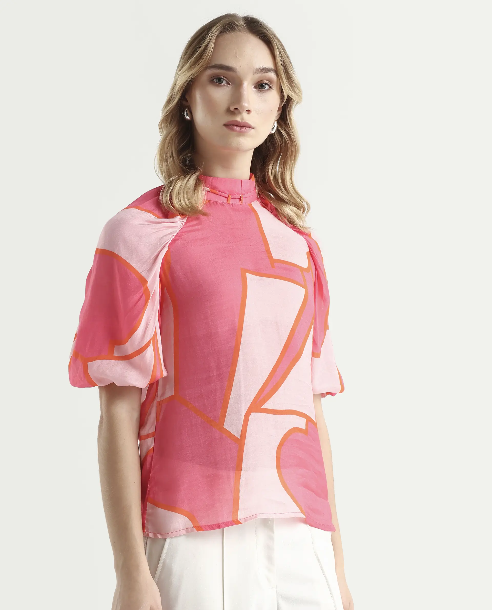 Rareism Women's Theos Pink Cotton Blend V-Neck Abstract Print Volume Sleeve Flared Top - Image 6