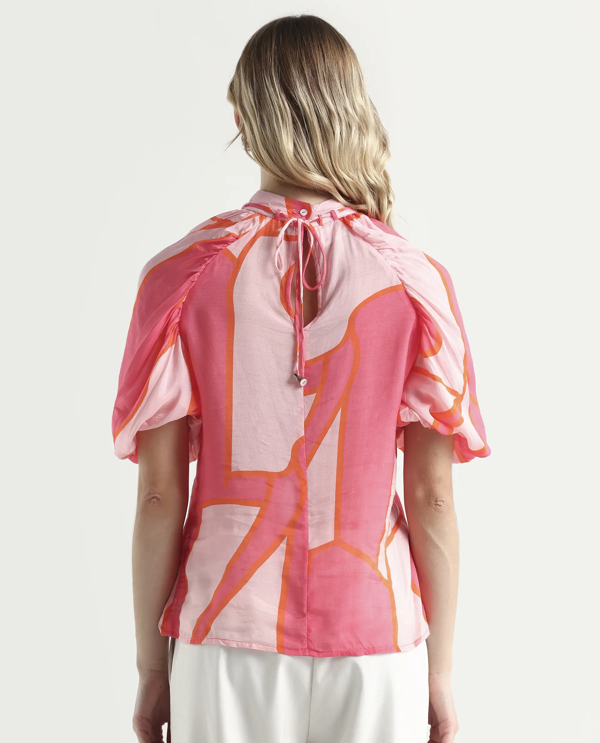Rareism Women's Theos Pink Cotton Blend V-Neck Abstract Print Volume Sleeve Flared Top - Image 7