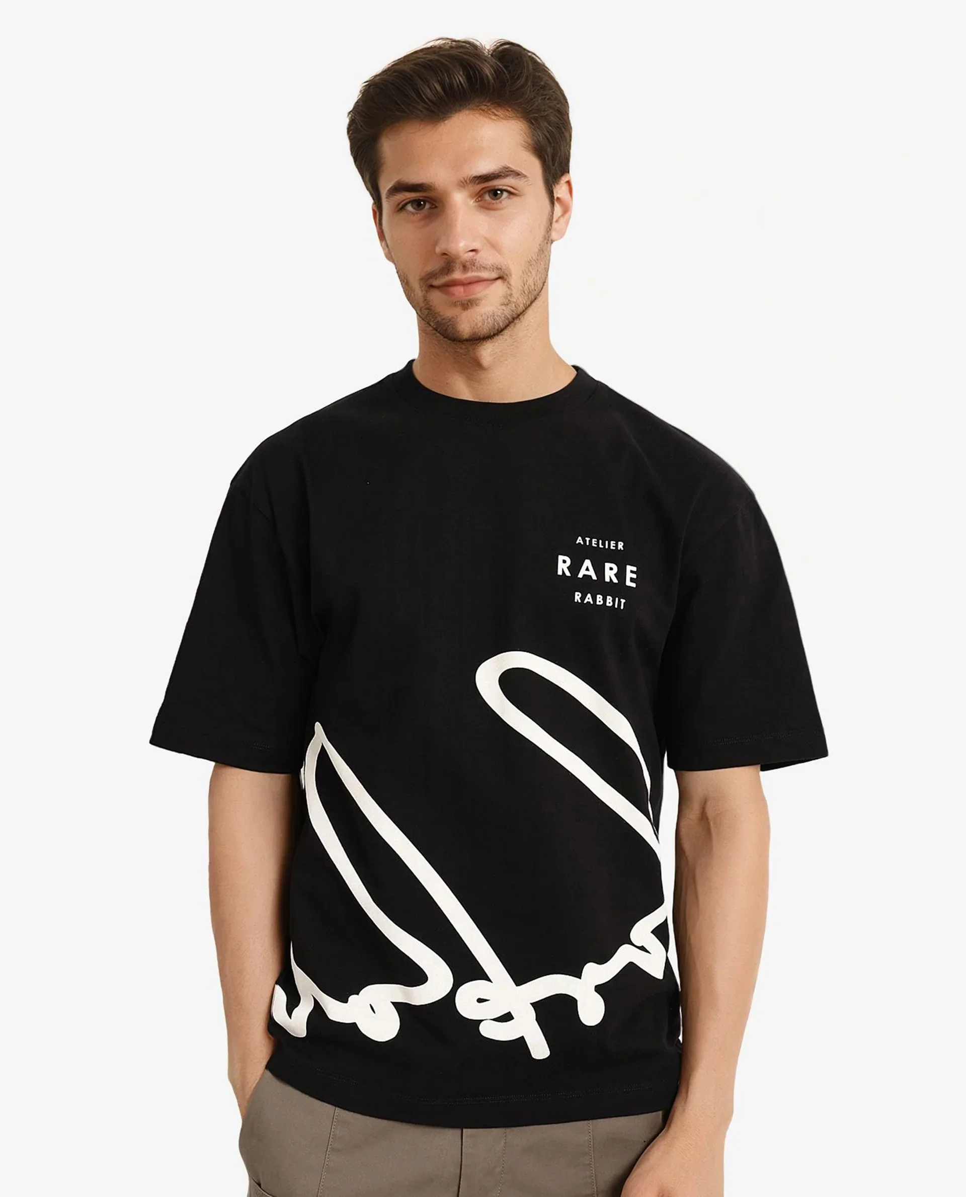 Rare Rabbit Men's Ther Black Cotton Graphic Print Oversized Fit Half Sleeve Crew Neck T-Shirt - Image 4