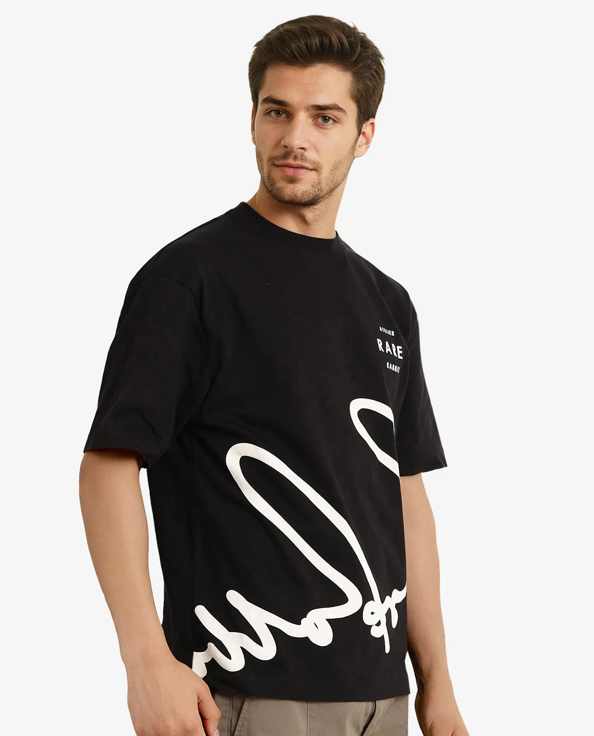 Rare Rabbit Men's Ther Black Cotton Graphic Print Oversized Fit Half Sleeve Crew Neck T-Shirt - Image 5