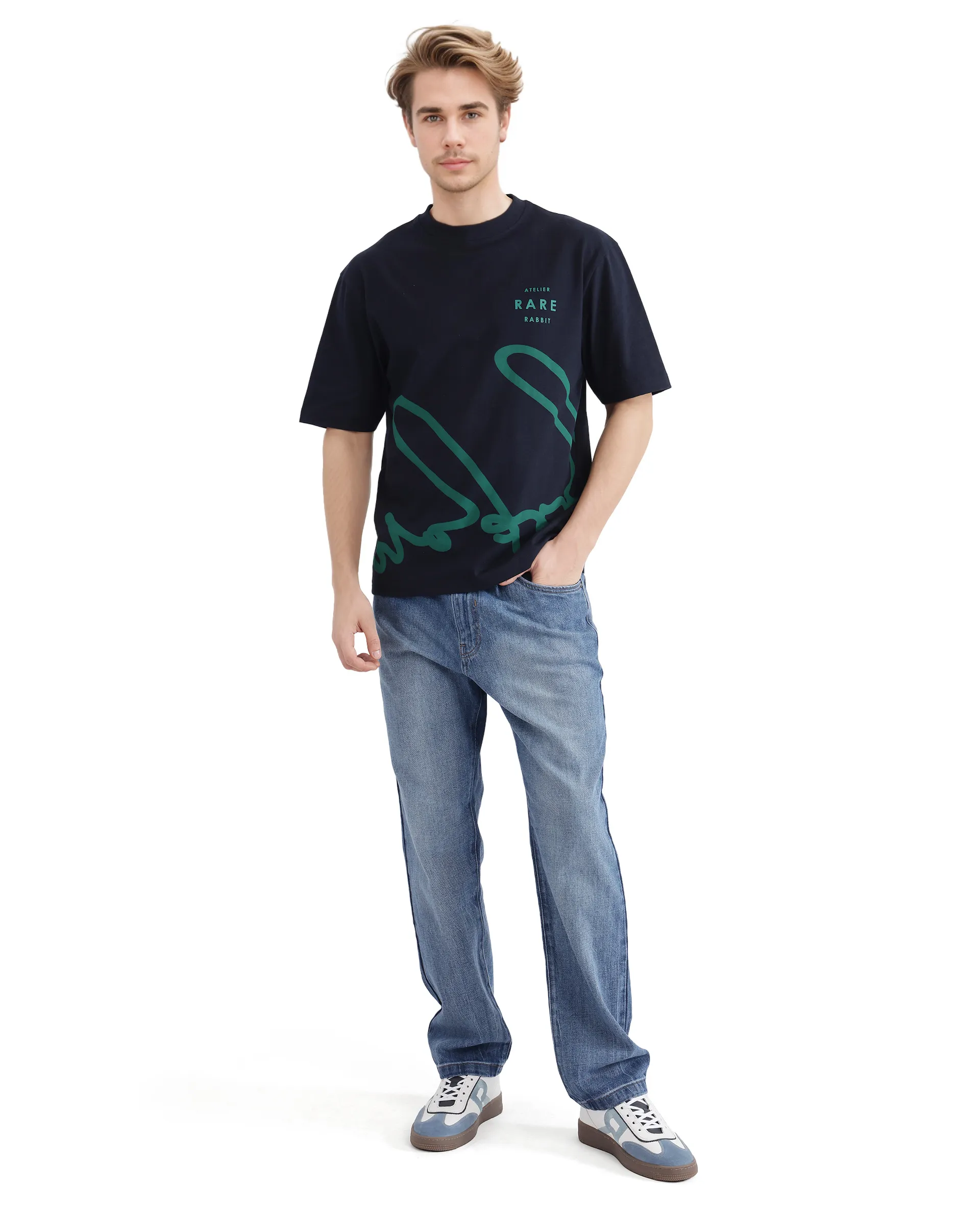 Rare Rabbit Men's Ther Navy Cotton Printed Oversized Fit Half Sleeve Crew Neck T-Shirt - Image 2