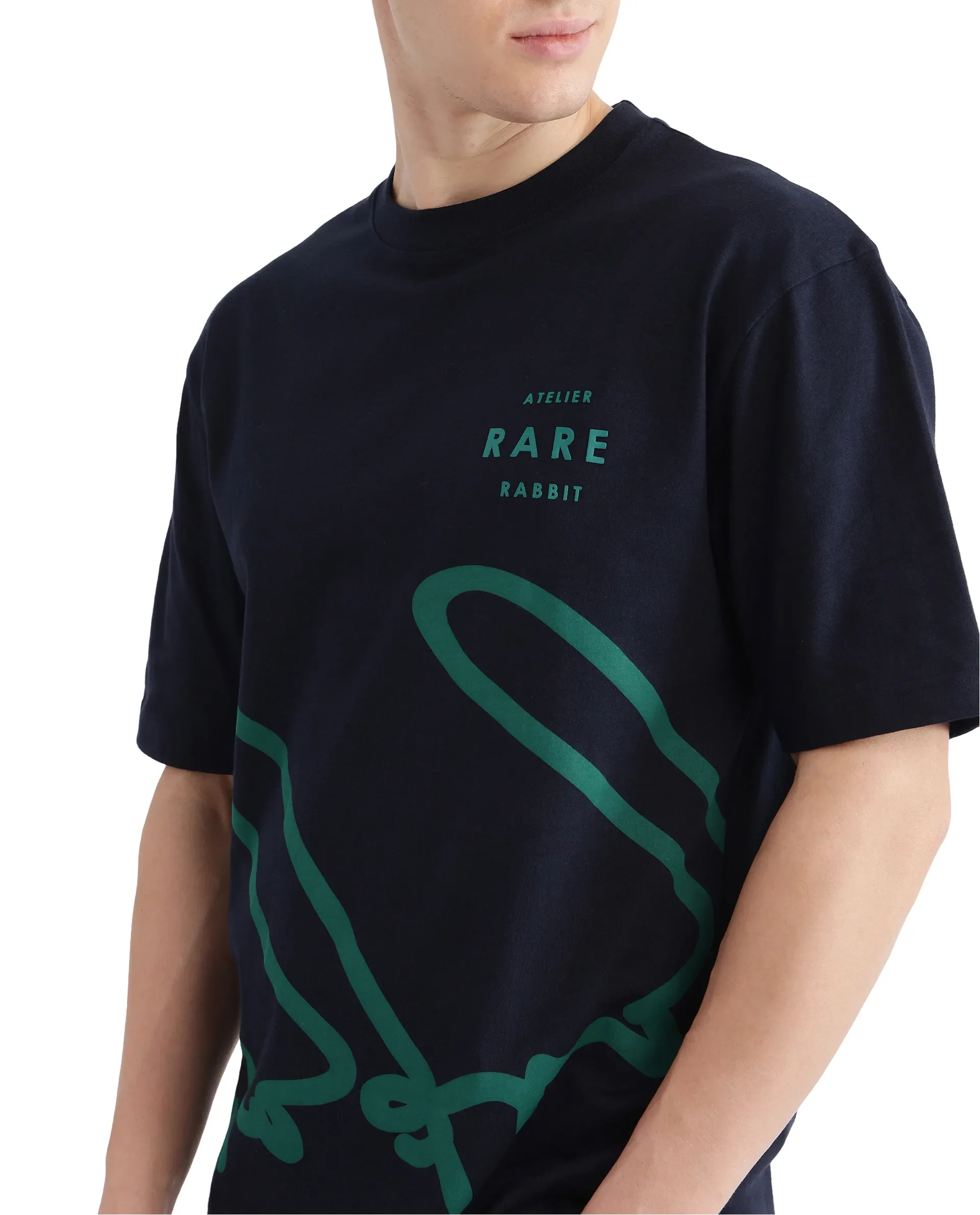 Rare Rabbit Men's Ther Navy Cotton Printed Oversized Fit Half Sleeve Crew Neck T-Shirt - Image 3