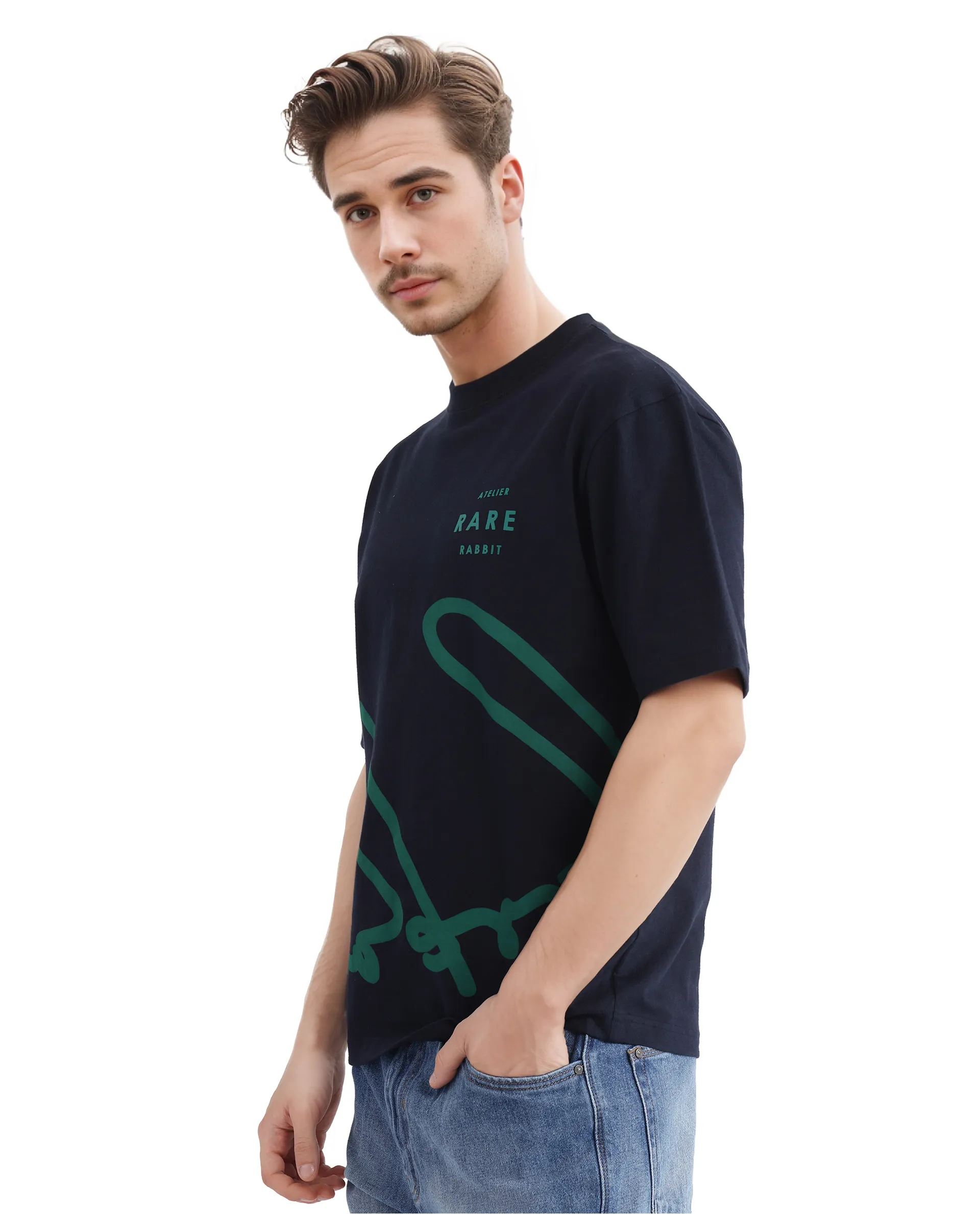 Rare Rabbit Men's Ther Navy Cotton Printed Oversized Fit Half Sleeve Crew Neck T-Shirt - Image 5