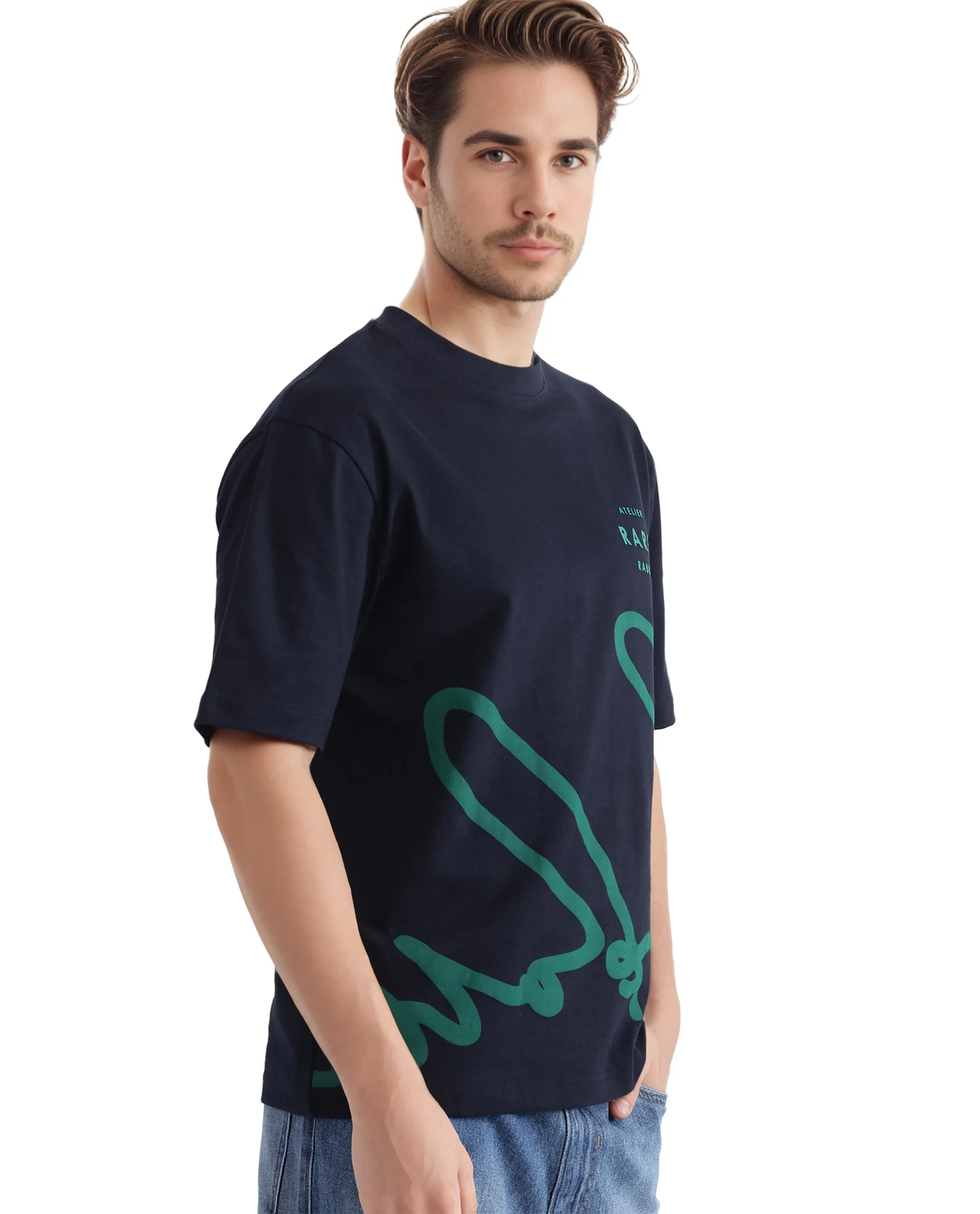 Rare Rabbit Men's Ther Navy Cotton Printed Oversized Fit Half Sleeve Crew Neck T-Shirt - Image 6