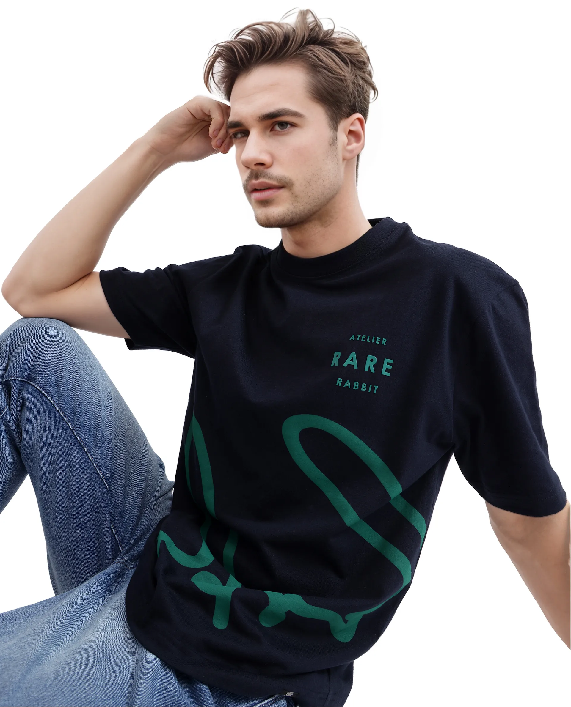 Rare Rabbit Men's Ther Navy Cotton Printed Oversized Fit Half Sleeve Crew Neck T-Shirt - Image 8
