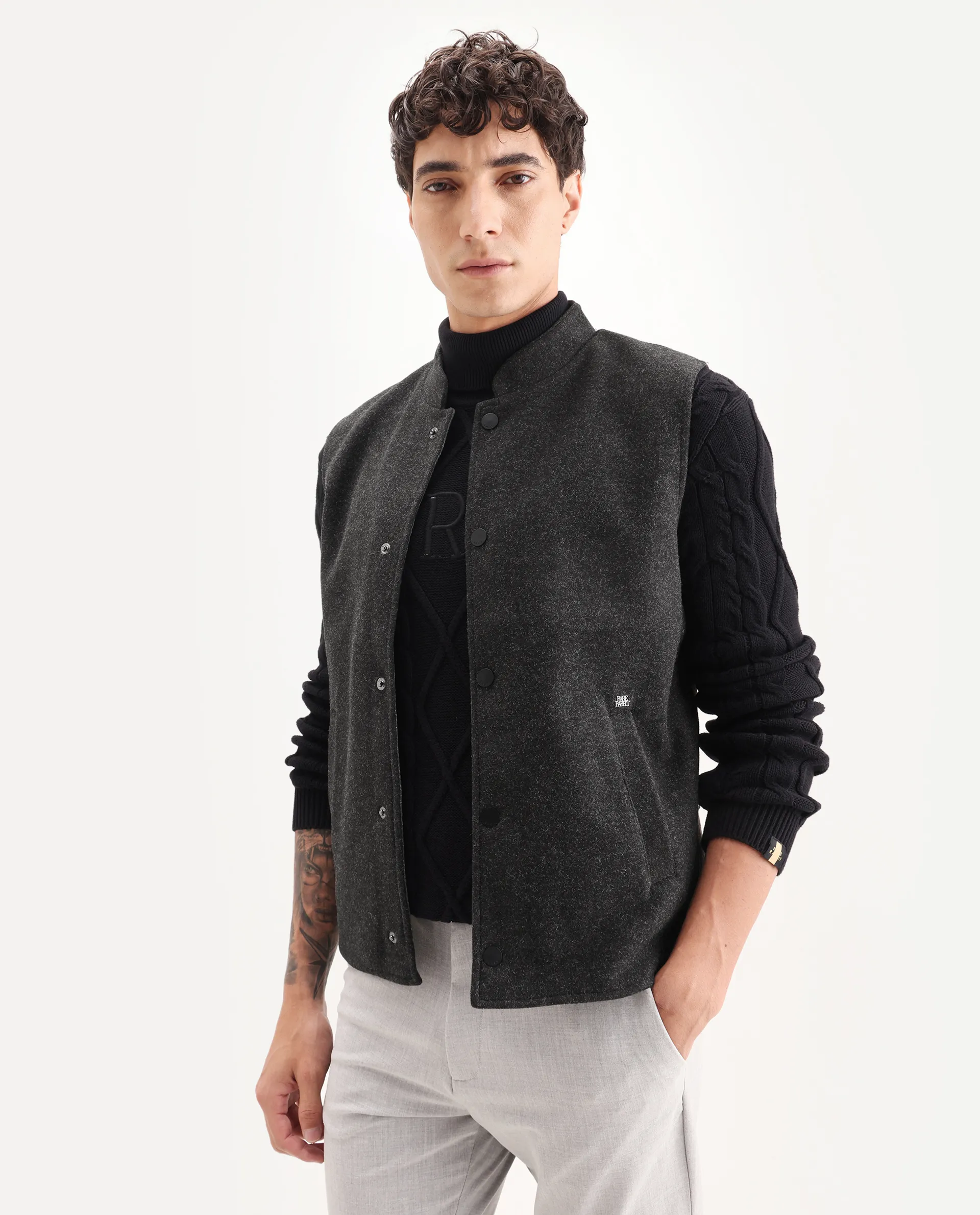 Rare Rabbit Men's Therm Black Plain Regular Fit Sleeveless Mandarin Collar Jacket