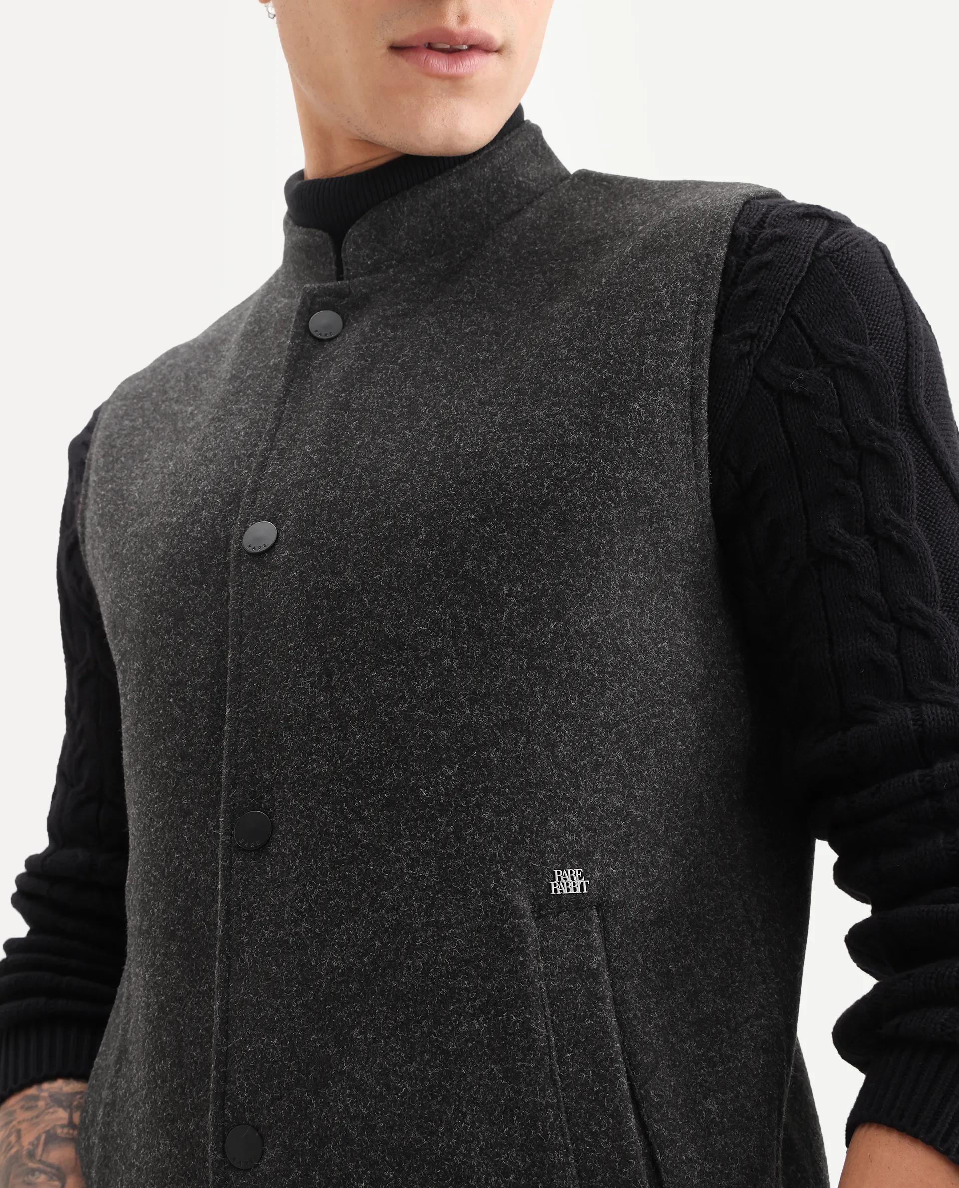 Rare Rabbit Men's Therm Black Plain Regular Fit Sleeveless Mandarin Collar Jacket - Image 3