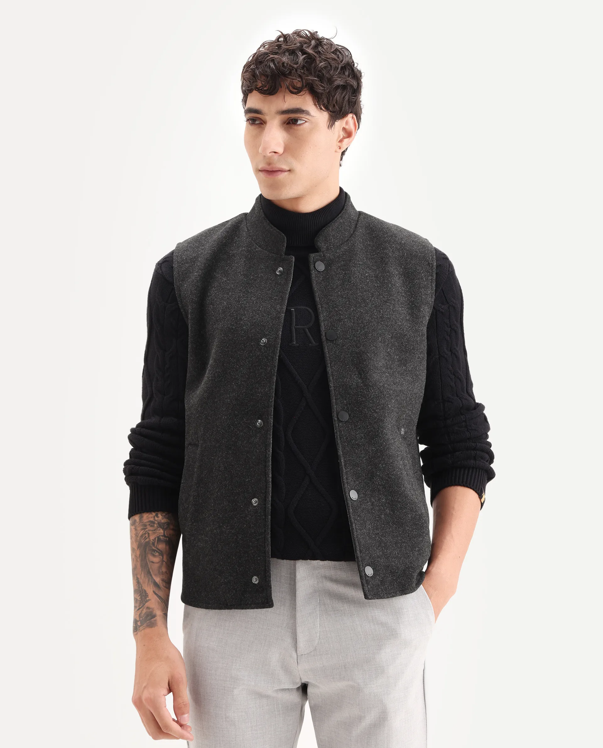 Rare Rabbit Men's Therm Black Plain Regular Fit Sleeveless Mandarin Collar Jacket - Image 4