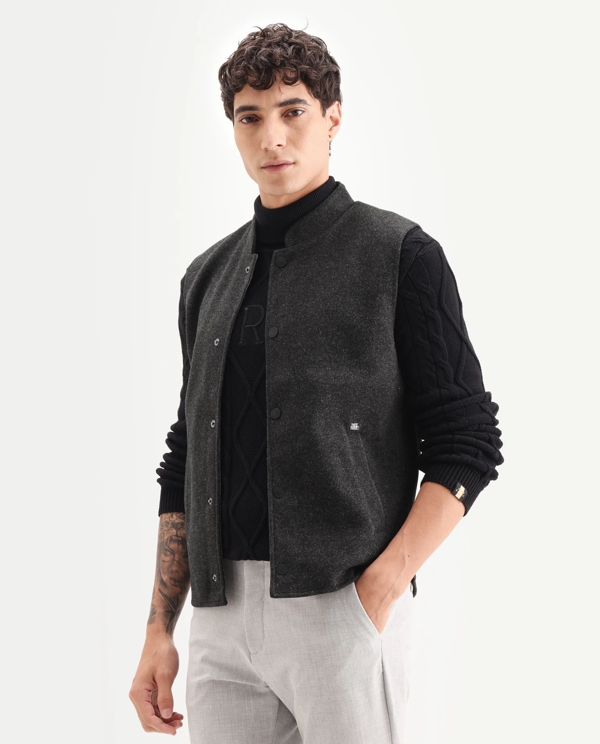 Rare Rabbit Men's Therm Black Plain Regular Fit Sleeveless Mandarin Collar Jacket - Image 5