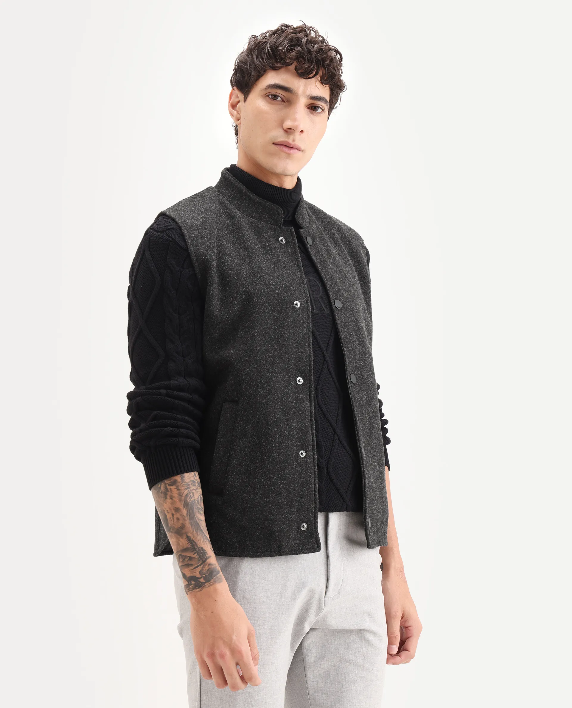 Rare Rabbit Men's Therm Black Plain Regular Fit Sleeveless Mandarin Collar Jacket - Image 6