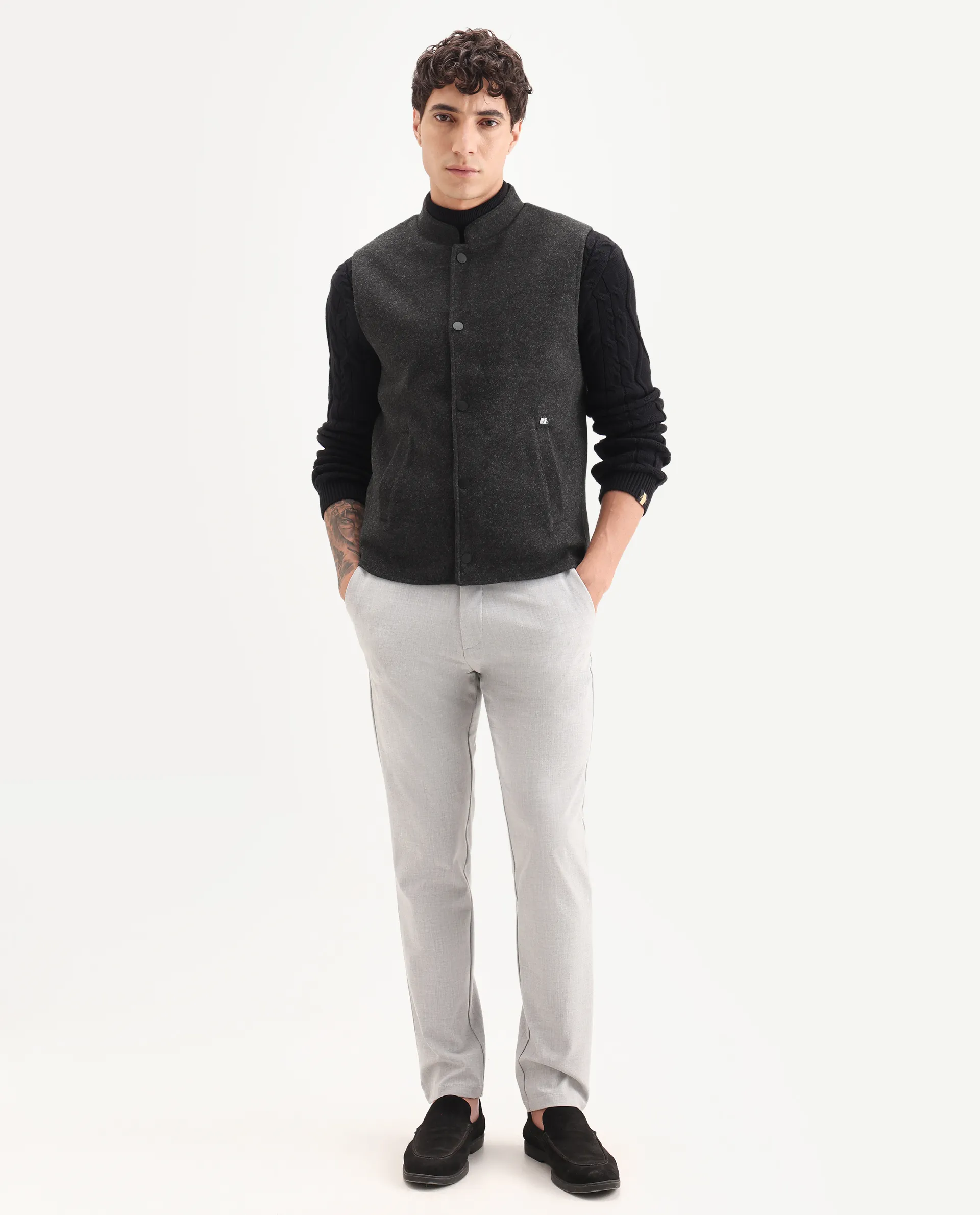 Rare Rabbit Men's Therm Black Plain Regular Fit Sleeveless Mandarin Collar Jacket - Image 7