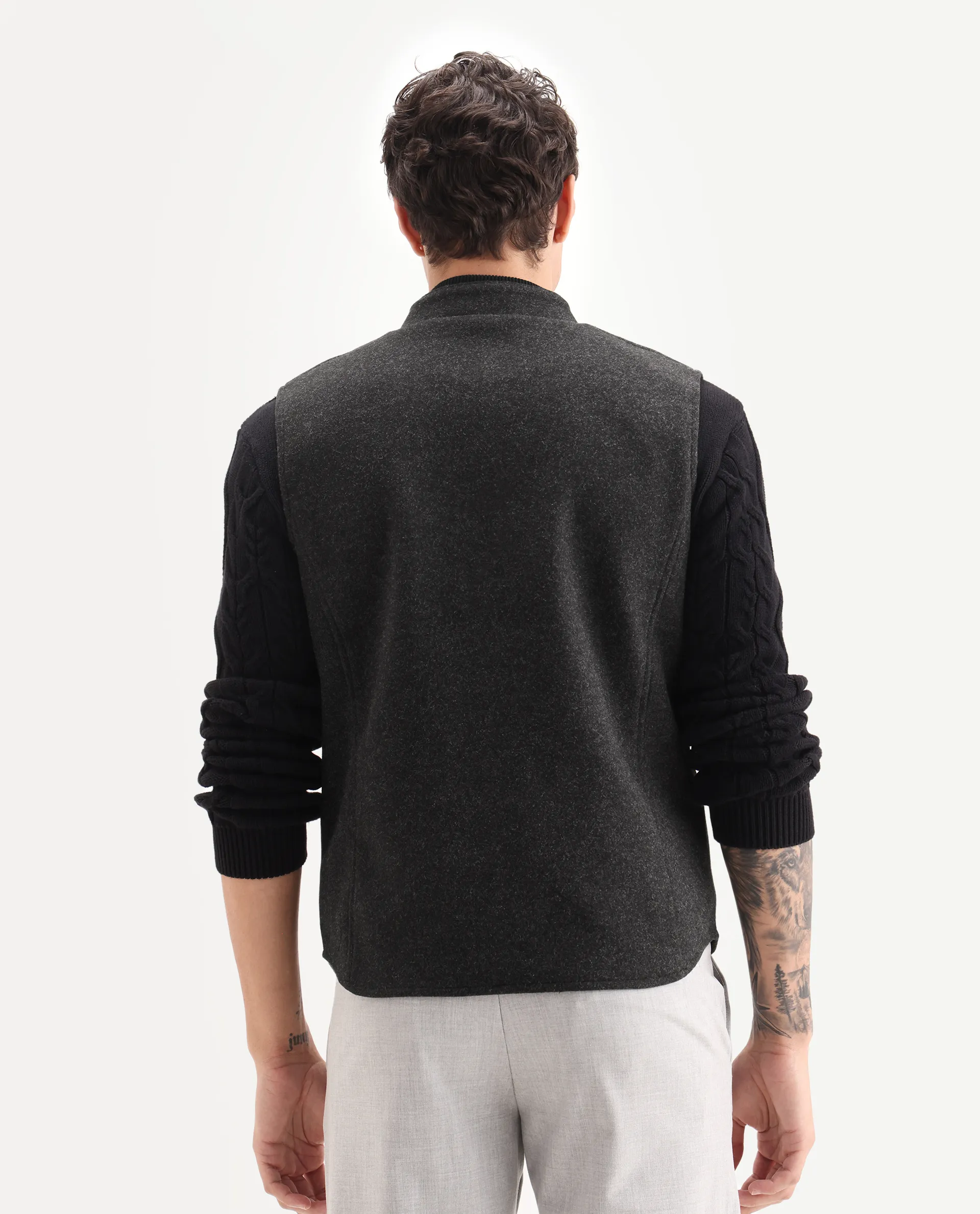 Rare Rabbit Men's Therm Black Plain Regular Fit Sleeveless Mandarin Collar Jacket - Image 8