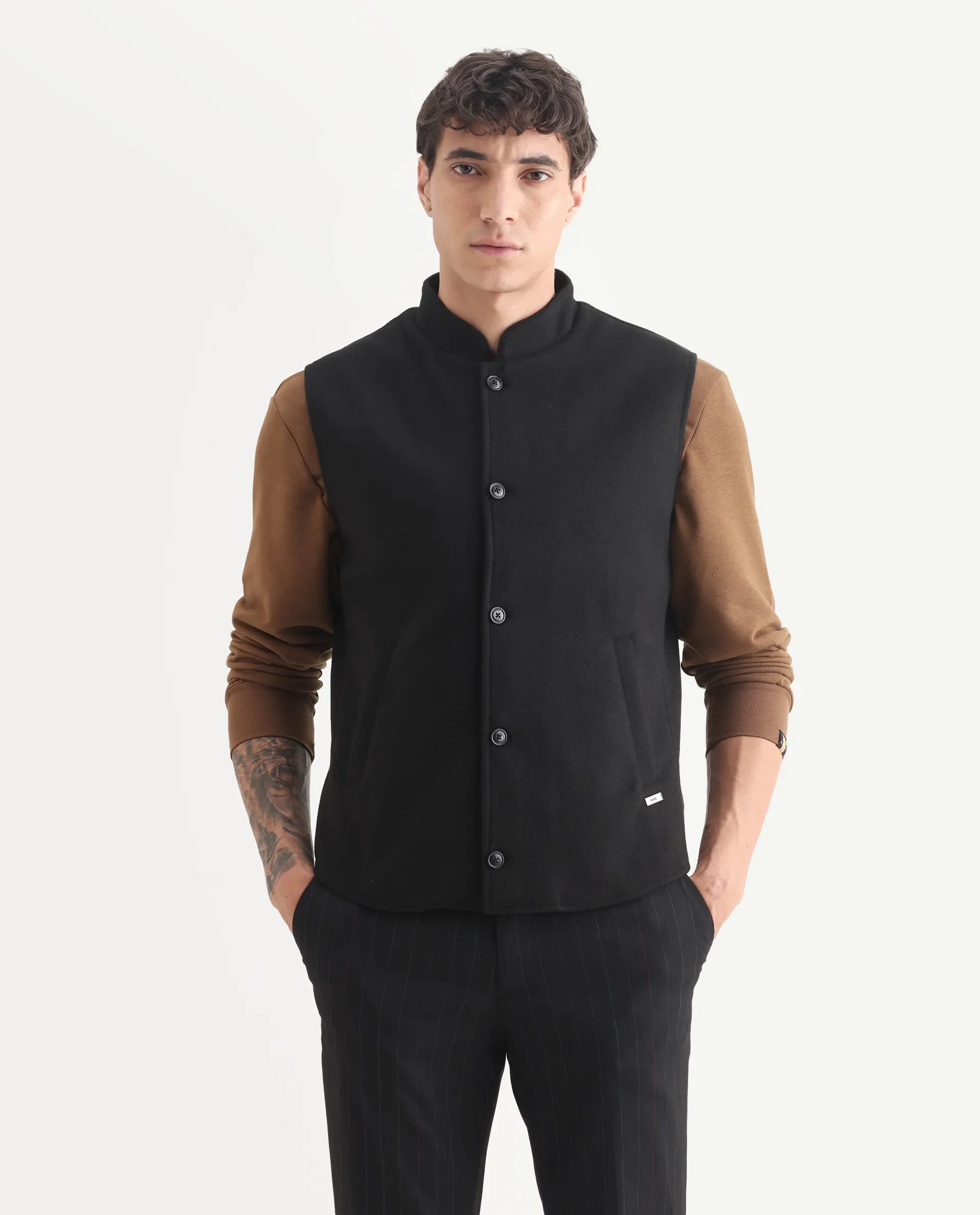 Rare Rabbit Men's Thermo Black Polyester Plain Regular Fit Sleeveless High Neck Jacket - Image 3