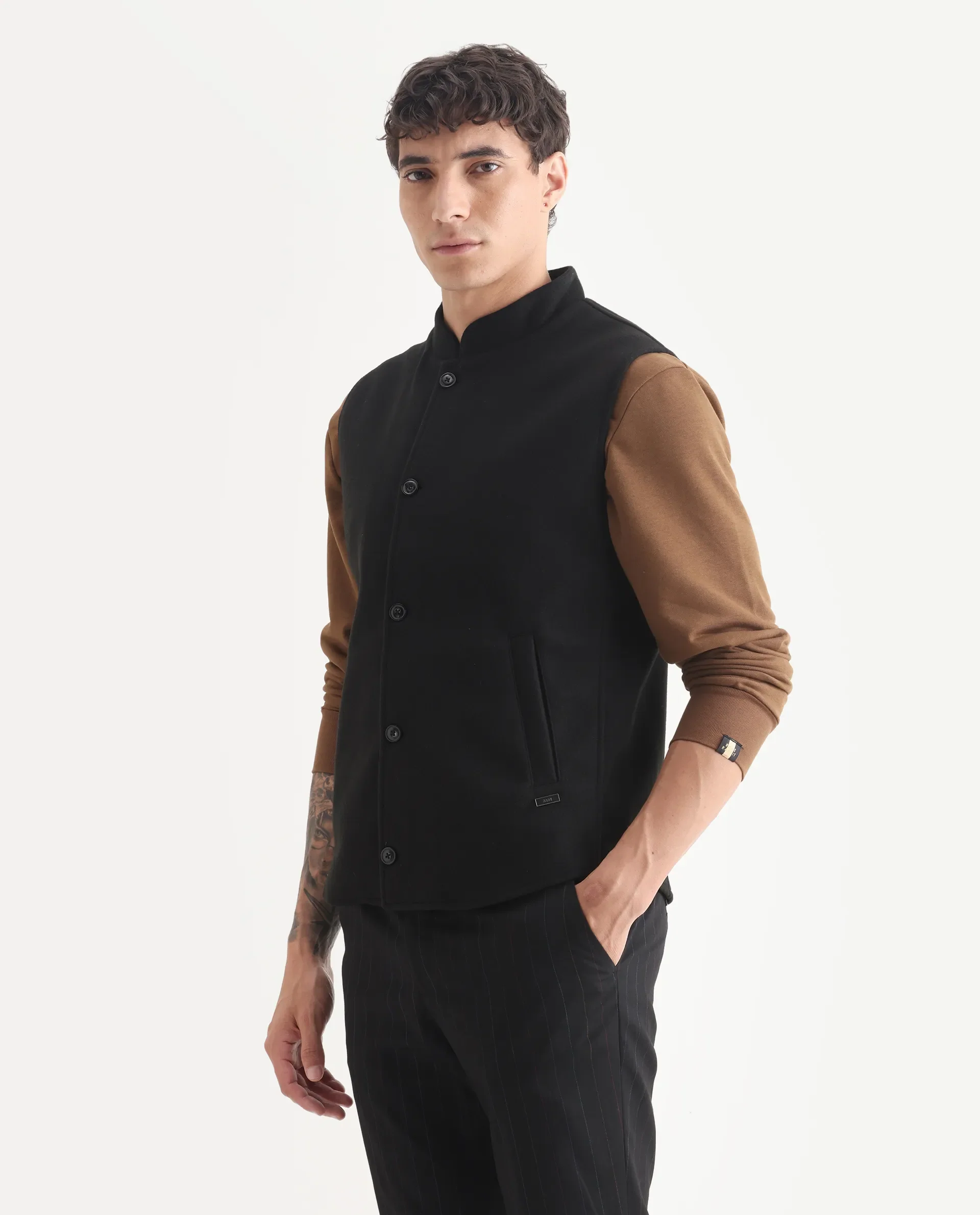 Rare Rabbit Men's Thermo Black Polyester Plain Regular Fit Sleeveless High Neck Jacket - Image 5