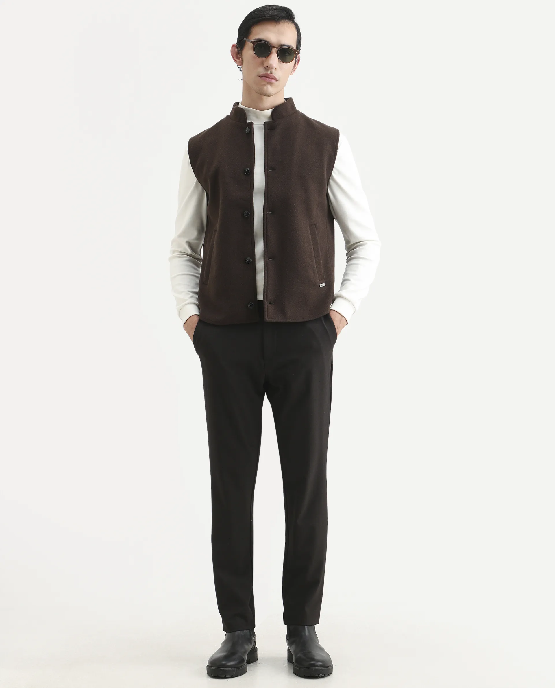 Rare Rabbit Men's Thermo Brown Polyester Plain Regular Fit Sleeveless High Neck Jacket - Image 2