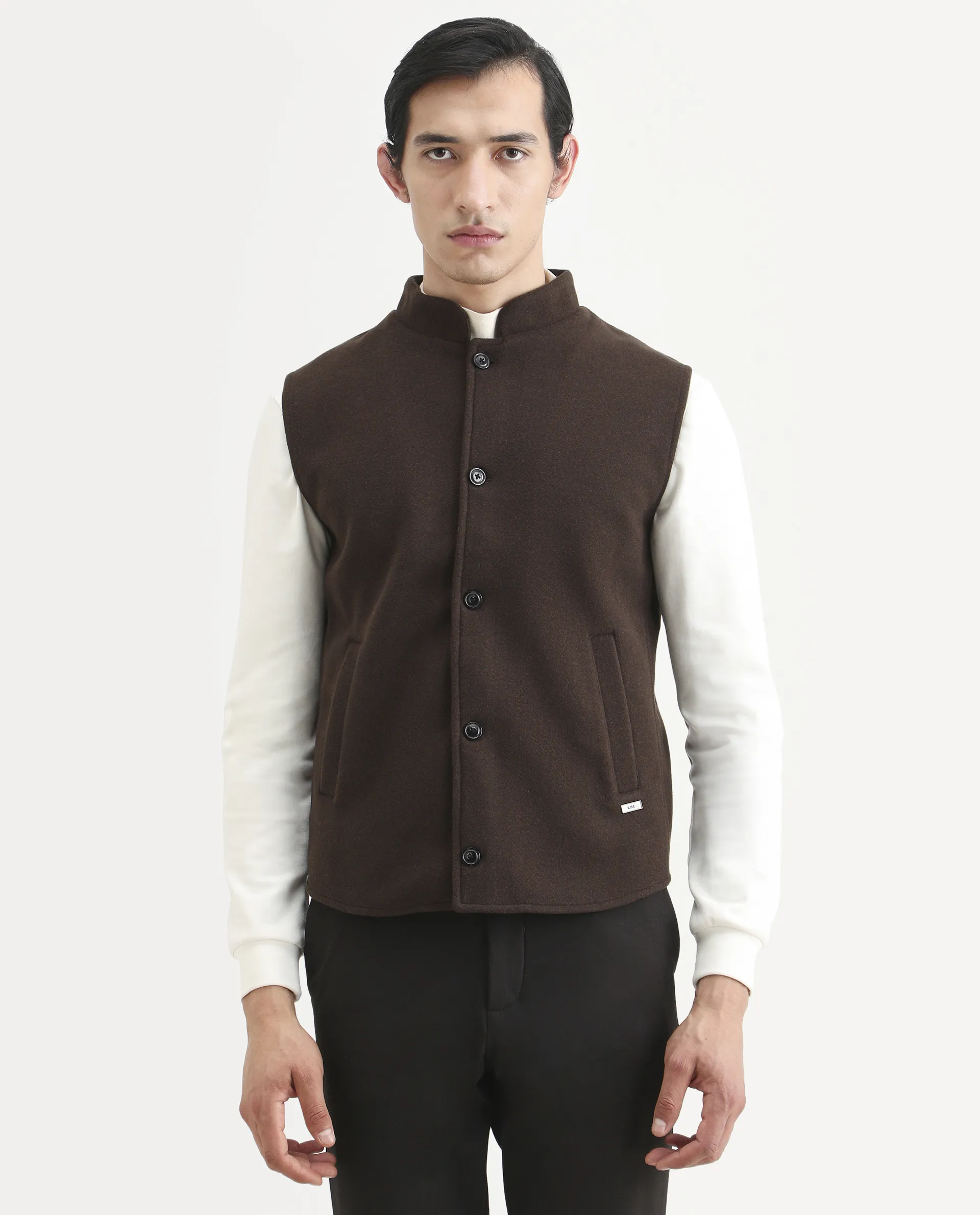 Rare Rabbit Men's Thermo Brown Polyester Plain Regular Fit Sleeveless High Neck Jacket - Image 3