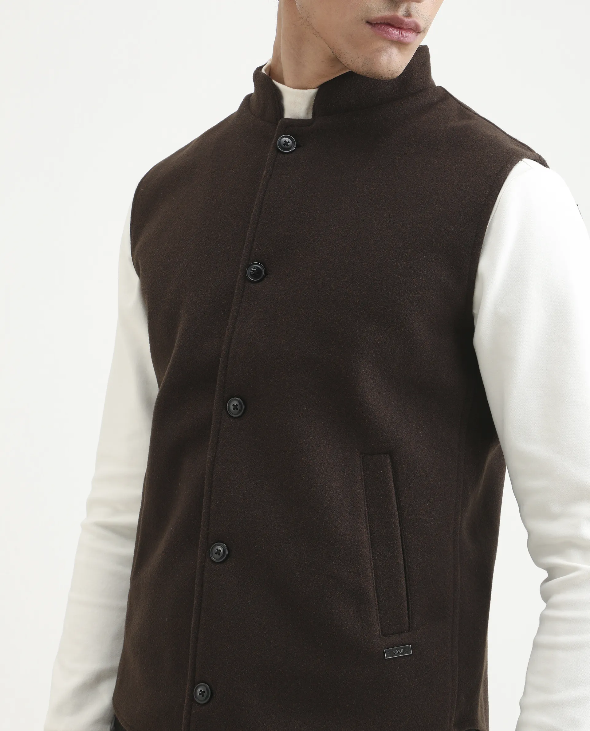 Rare Rabbit Men's Thermo Brown Polyester Plain Regular Fit Sleeveless High Neck Jacket - Image 4