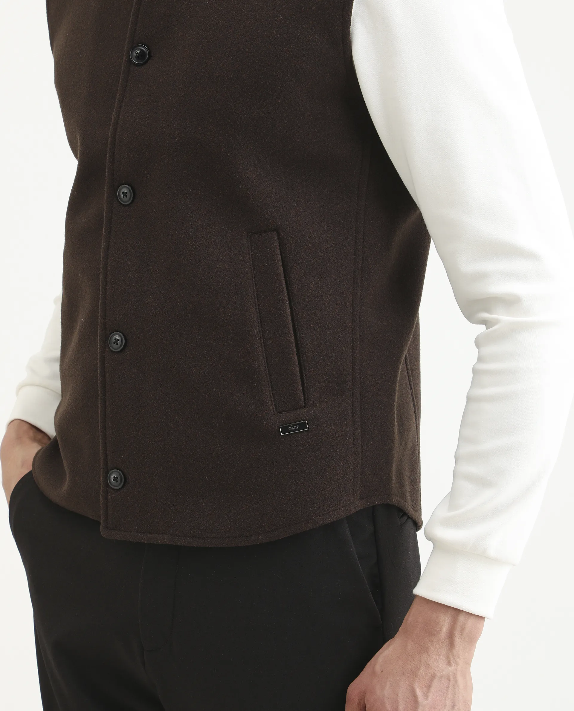 Rare Rabbit Men's Thermo Brown Polyester Plain Regular Fit Sleeveless High Neck Jacket - Image 5