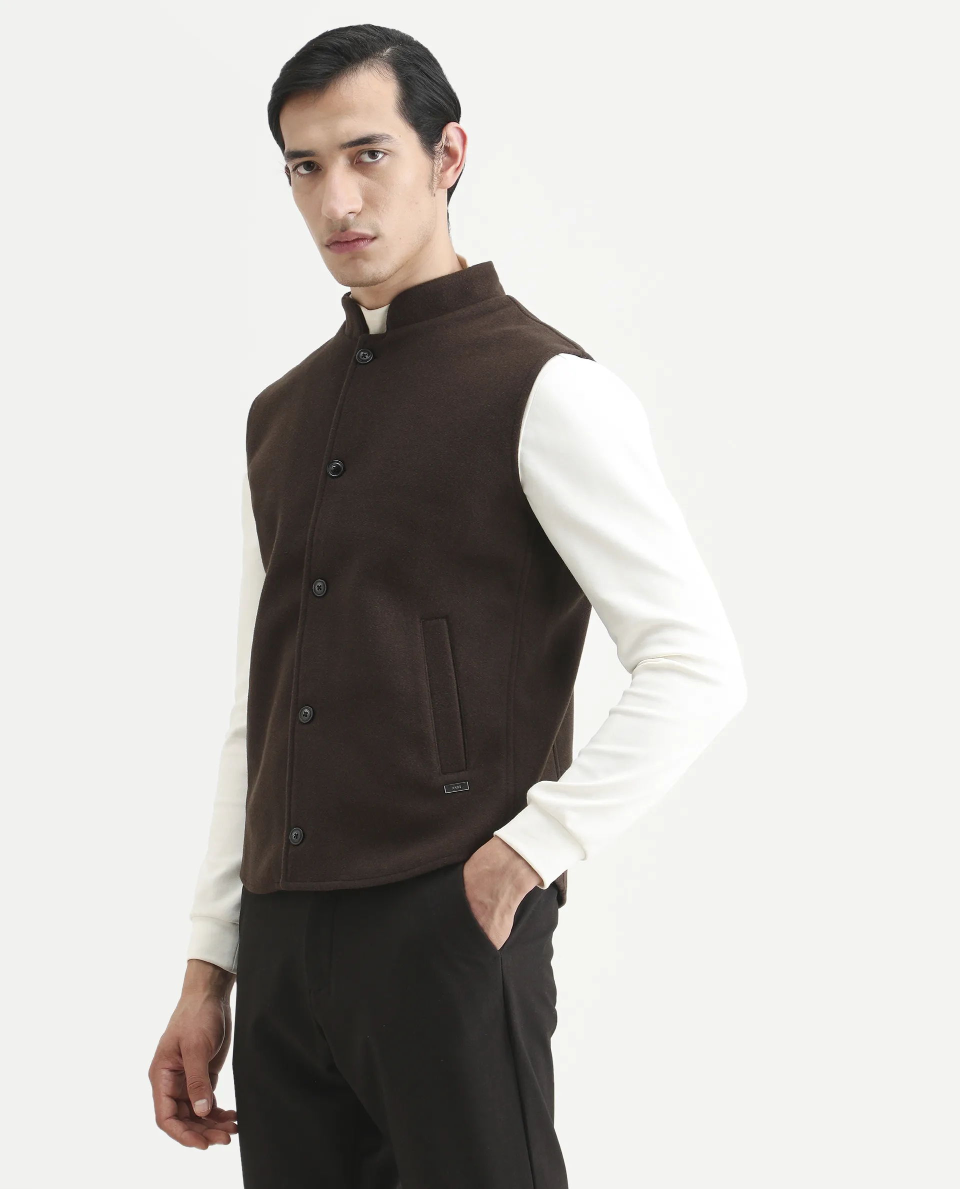 Rare Rabbit Men's Thermo Brown Polyester Plain Regular Fit Sleeveless High Neck Jacket - Image 6