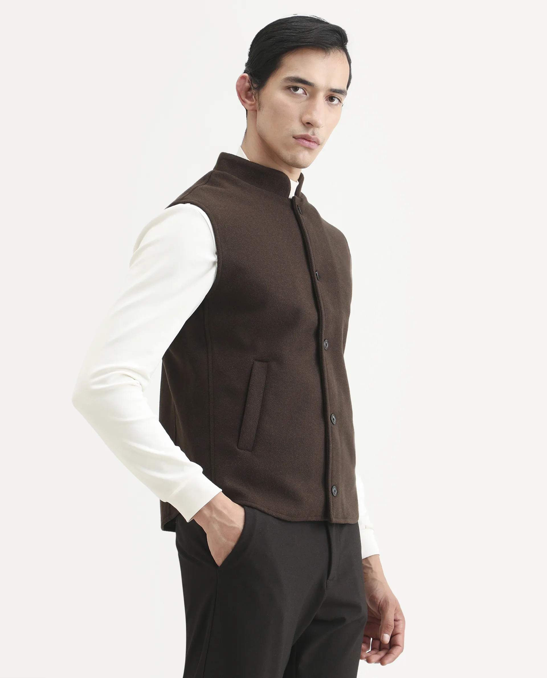 Rare Rabbit Men's Thermo Brown Polyester Plain Regular Fit Sleeveless High Neck Jacket - Image 7