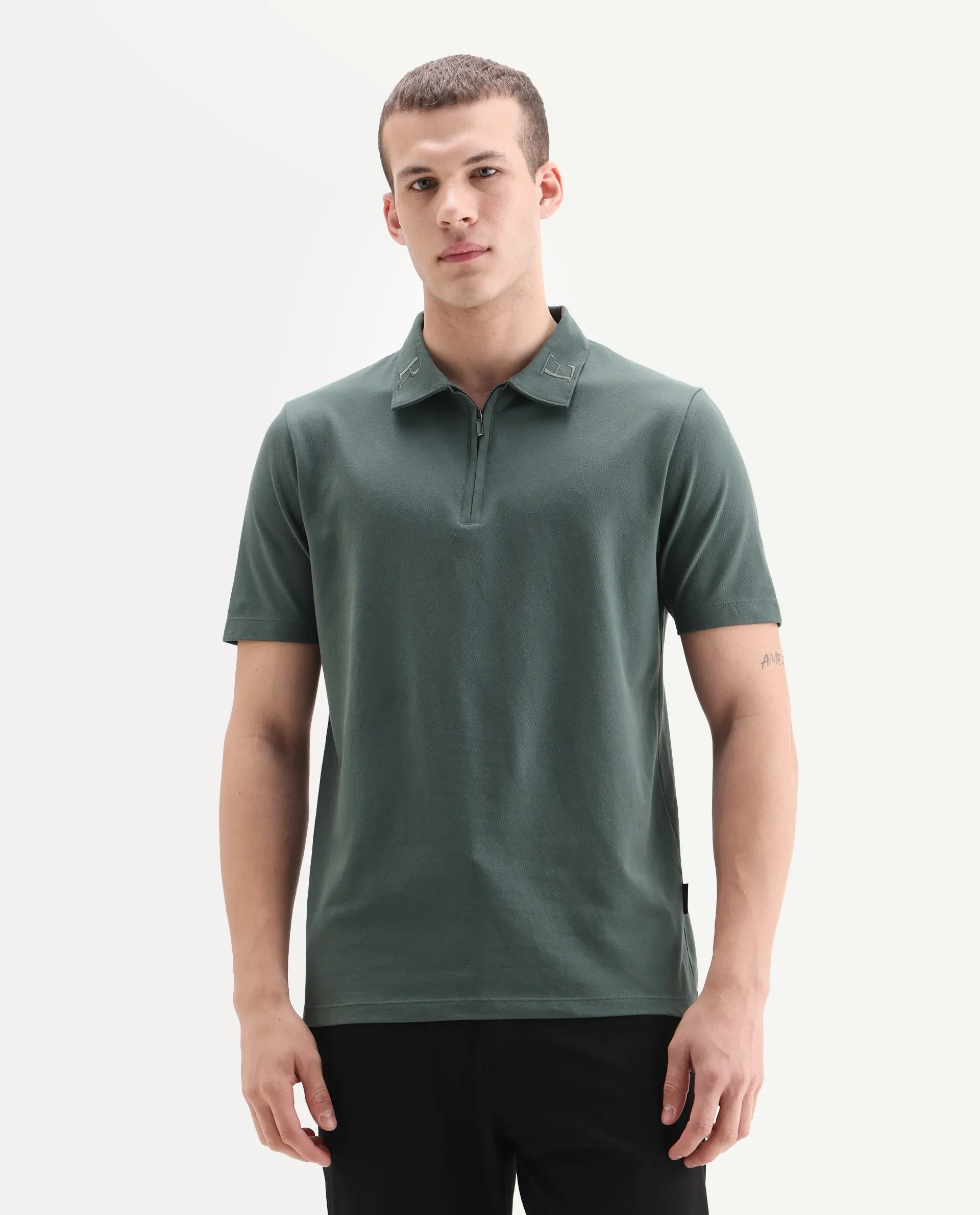 Rare Rabbit Men's Thero-25 Dusky Green Cotton Blend Plain Regular Fit Half Sleeve Polo - Image 4