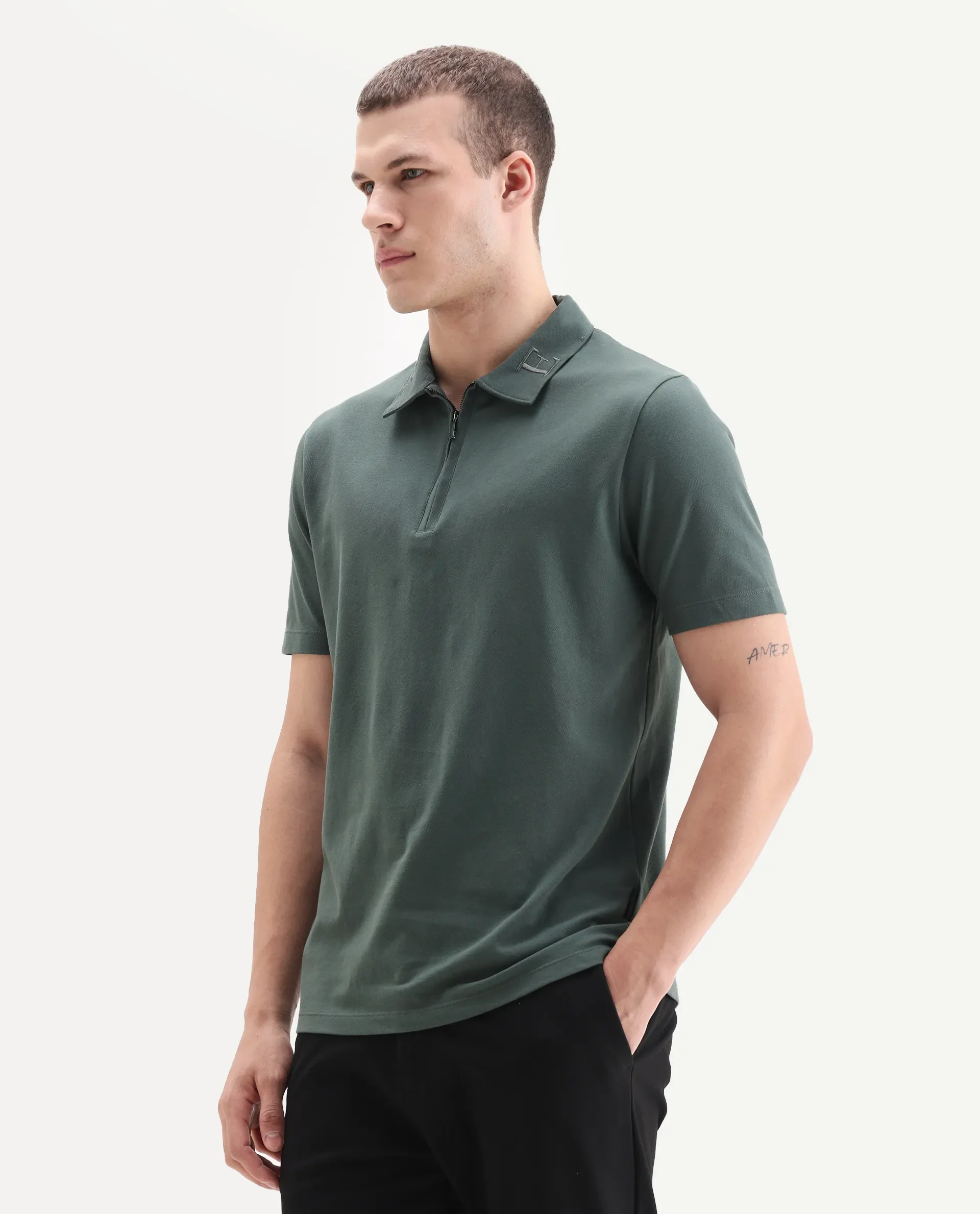 Rare Rabbit Men's Thero-25 Dusky Green Cotton Blend Plain Regular Fit Half Sleeve Polo - Image 5