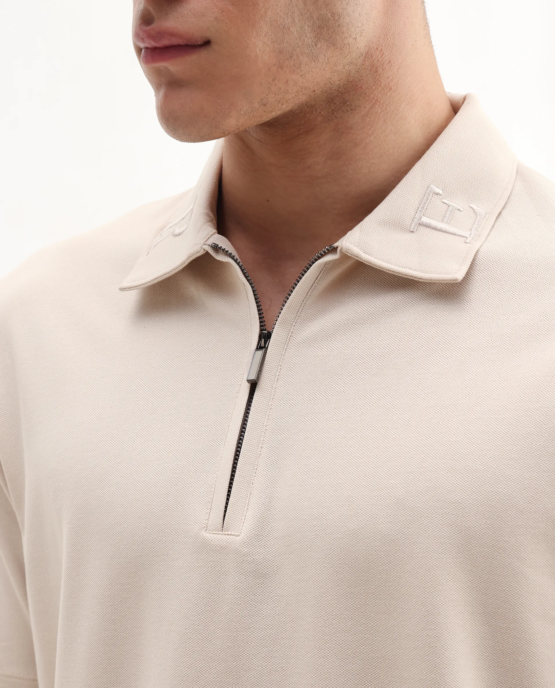 Rare Rabbit Men's Thero-25 Light Beige Cotton Blend Plain Regular Fit Half Sleeve Polo - Image 3