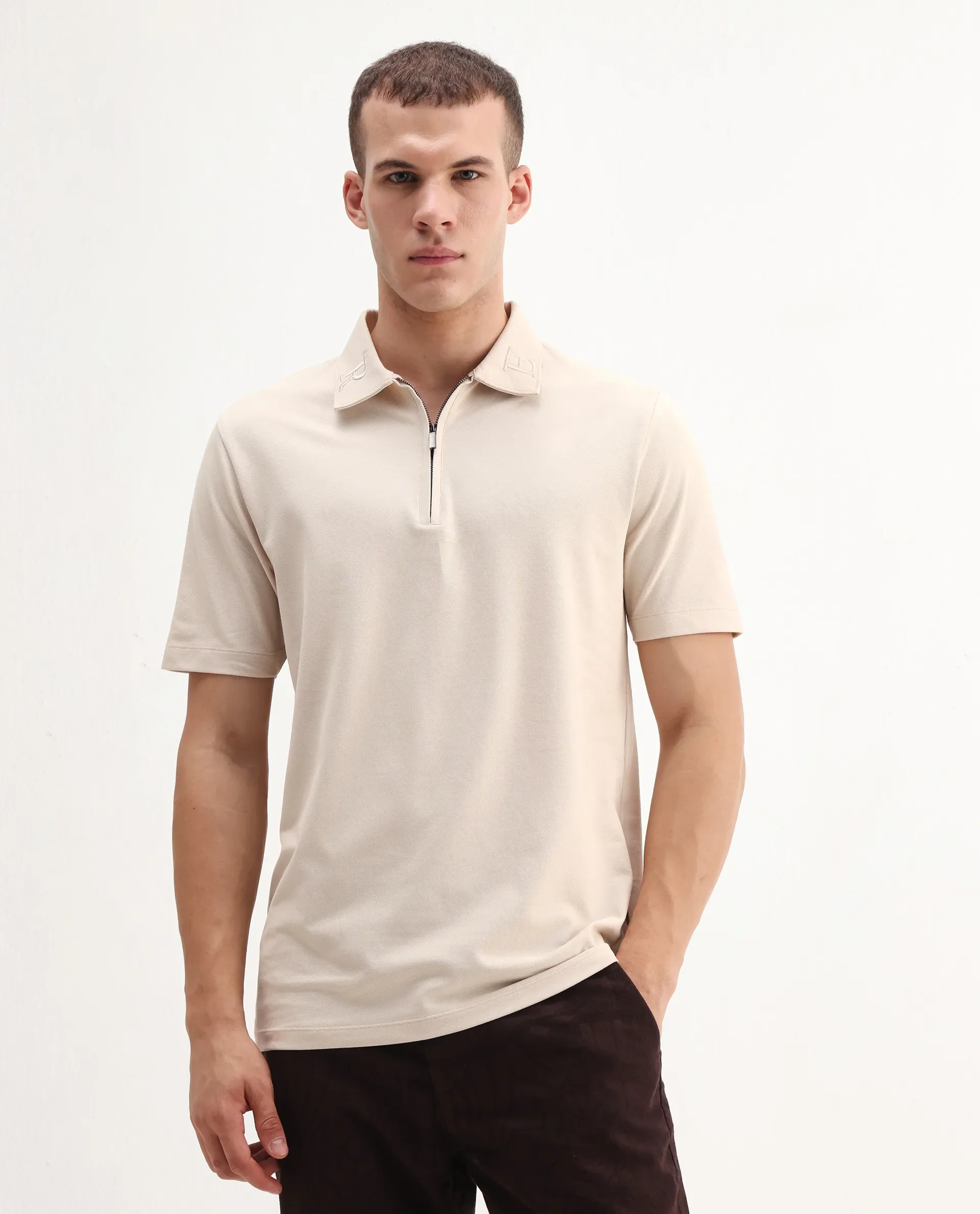 Rare Rabbit Men's Thero-25 Light Beige Cotton Blend Plain Regular Fit Half Sleeve Polo - Image 4