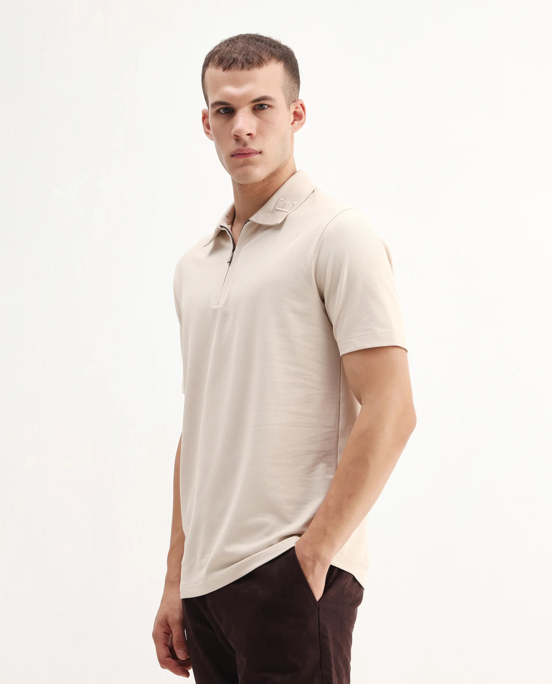 Rare Rabbit Men's Thero-25 Light Beige Cotton Blend Plain Regular Fit Half Sleeve Polo - Image 5