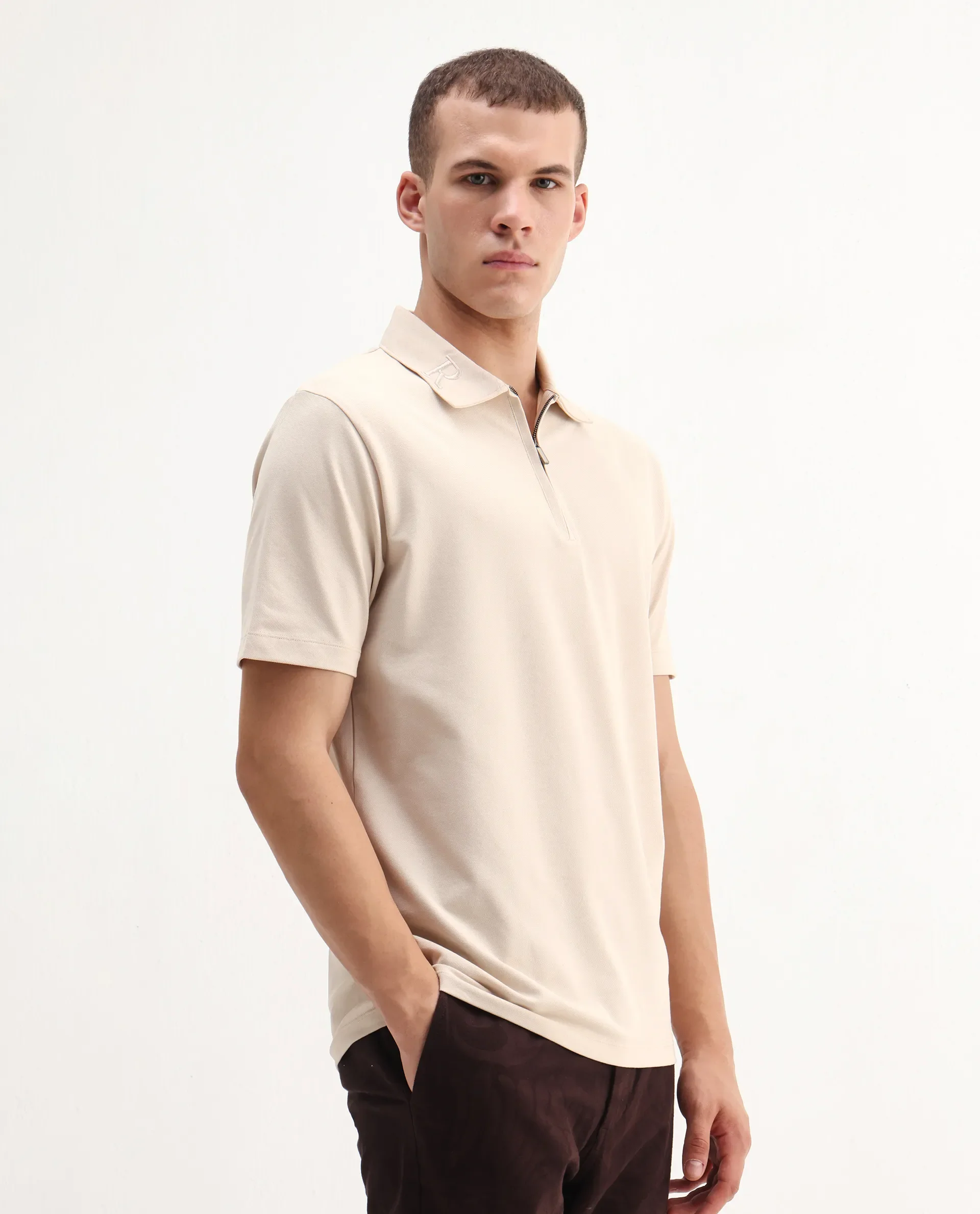 Rare Rabbit Men's Thero-25 Light Beige Cotton Blend Plain Regular Fit Half Sleeve Polo - Image 6