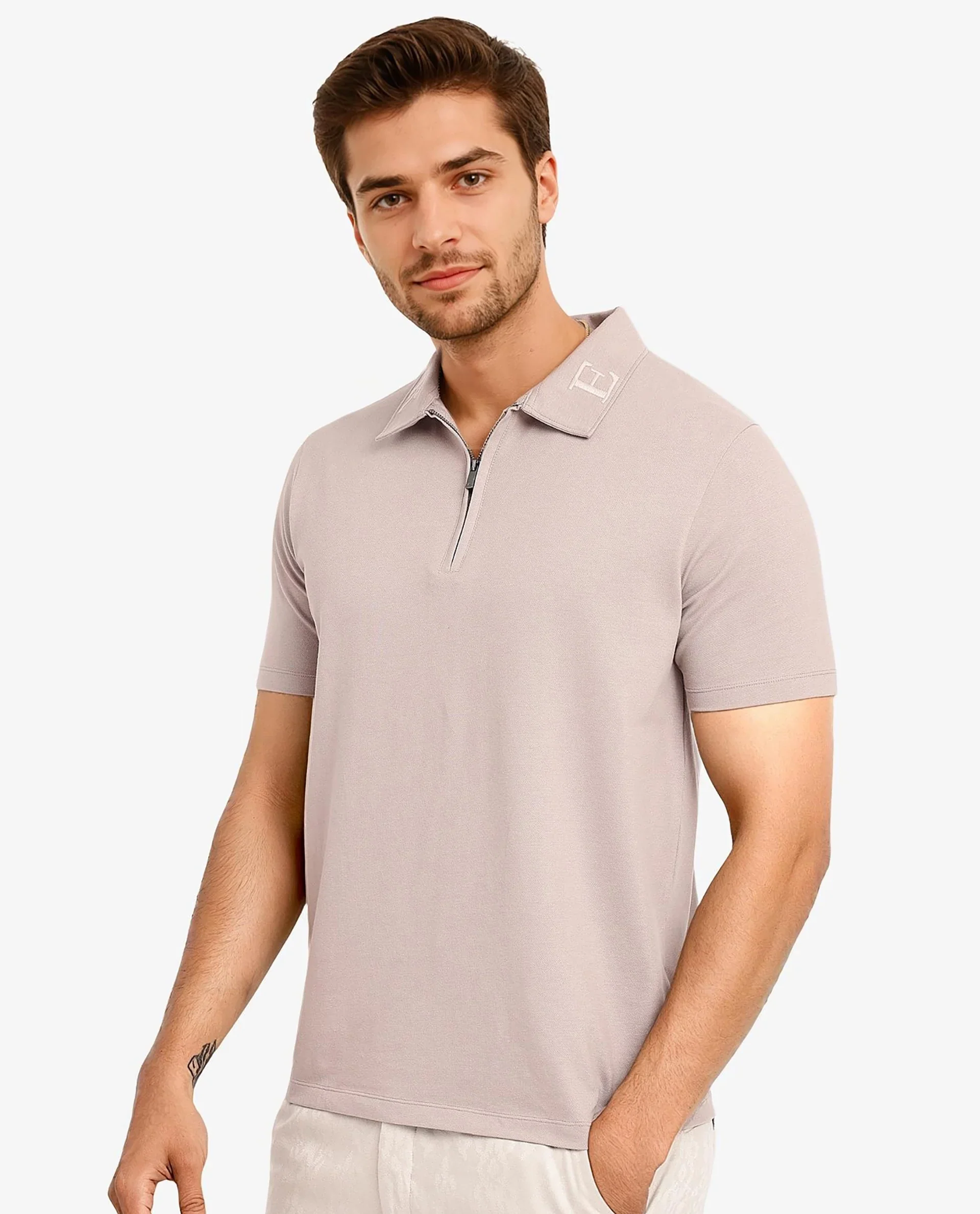 Rare Rabbit Men's Thero Dusky Beige Cotton Embroidered Regular Fit Half Sleeve Polo - Image 7