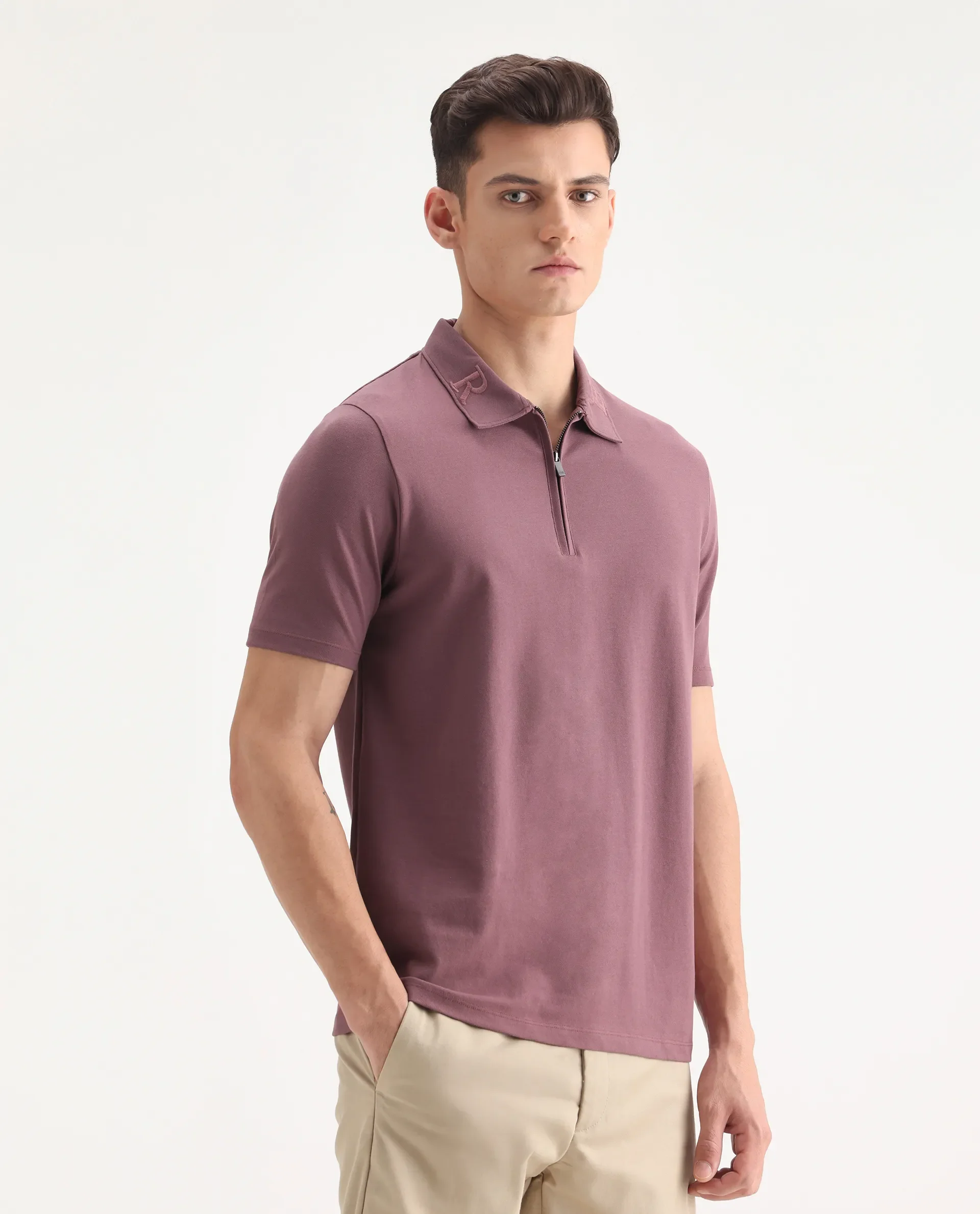 Rare Rabbit Men's Thero Dusky Pink Cotton Embroidered Regular Fit Half Sleeve Polo - Image 4