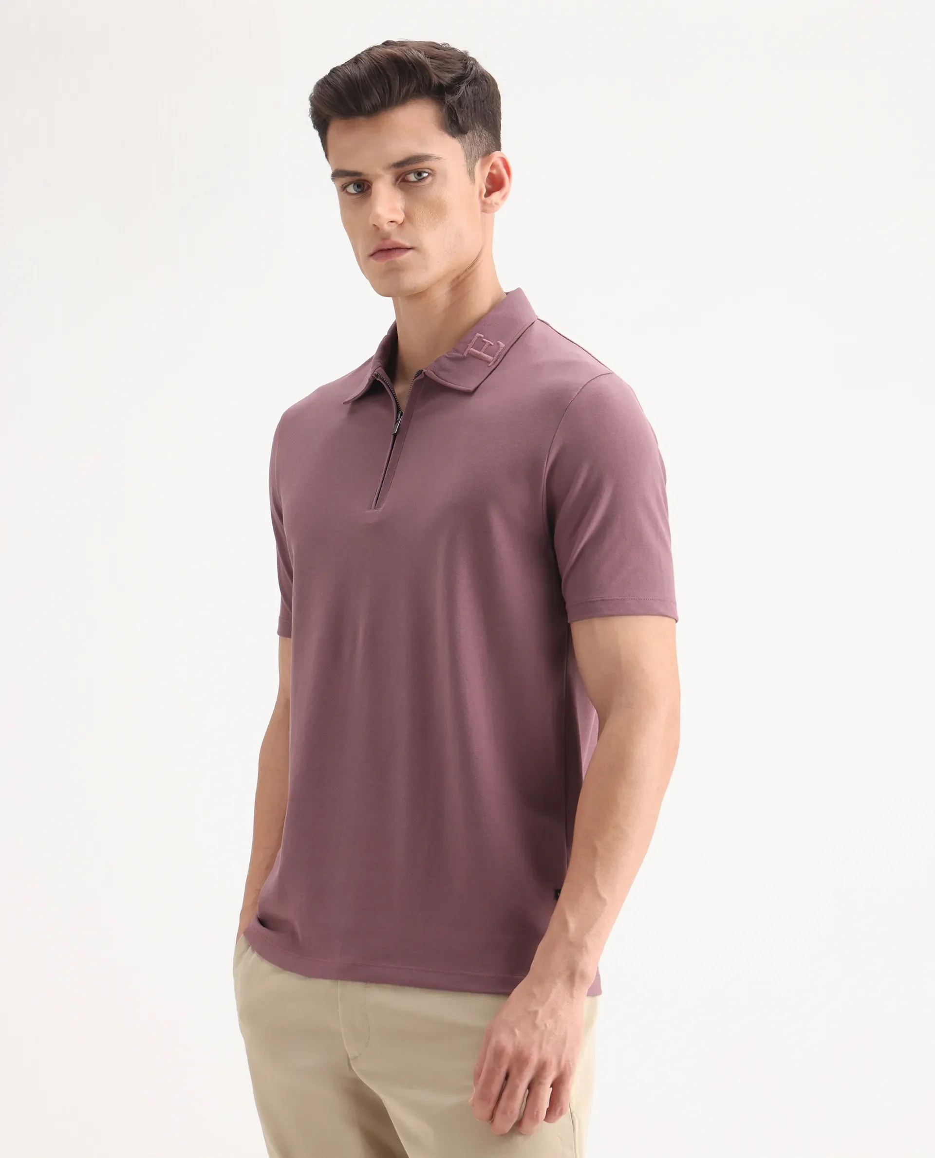 Rare Rabbit Men's Thero Dusky Pink Cotton Embroidered Regular Fit Half Sleeve Polo - Image 5