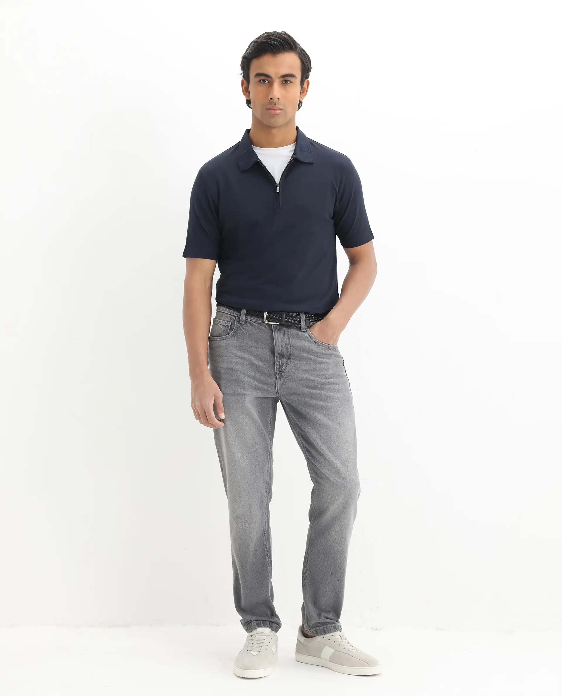 Rare Rabbit Men's Thero Navy Cotton Plain Regular Fit Half Sleeve Polo - Image 2