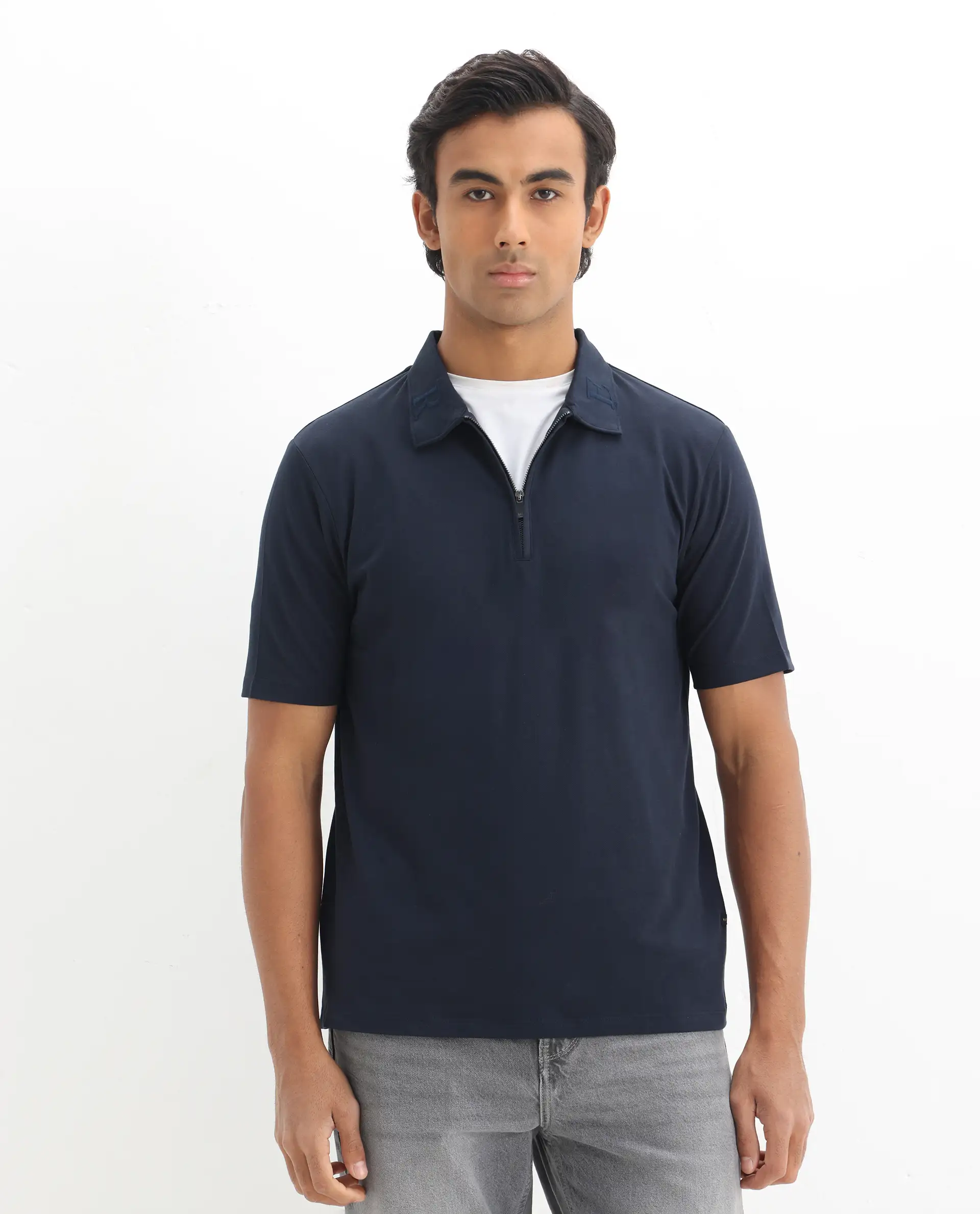 Rare Rabbit Men's Thero Navy Cotton Plain Regular Fit Half Sleeve Polo - Image 4