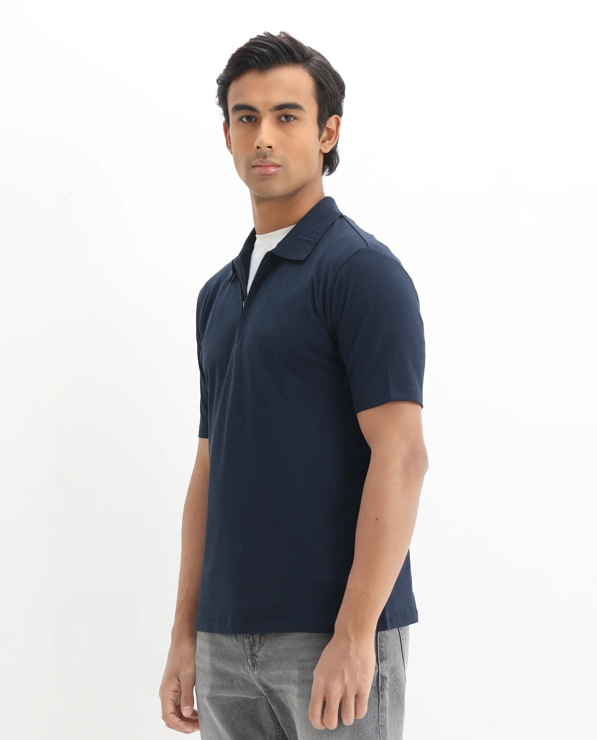 Rare Rabbit Men's Thero Navy Cotton Plain Regular Fit Half Sleeve Polo - Image 5