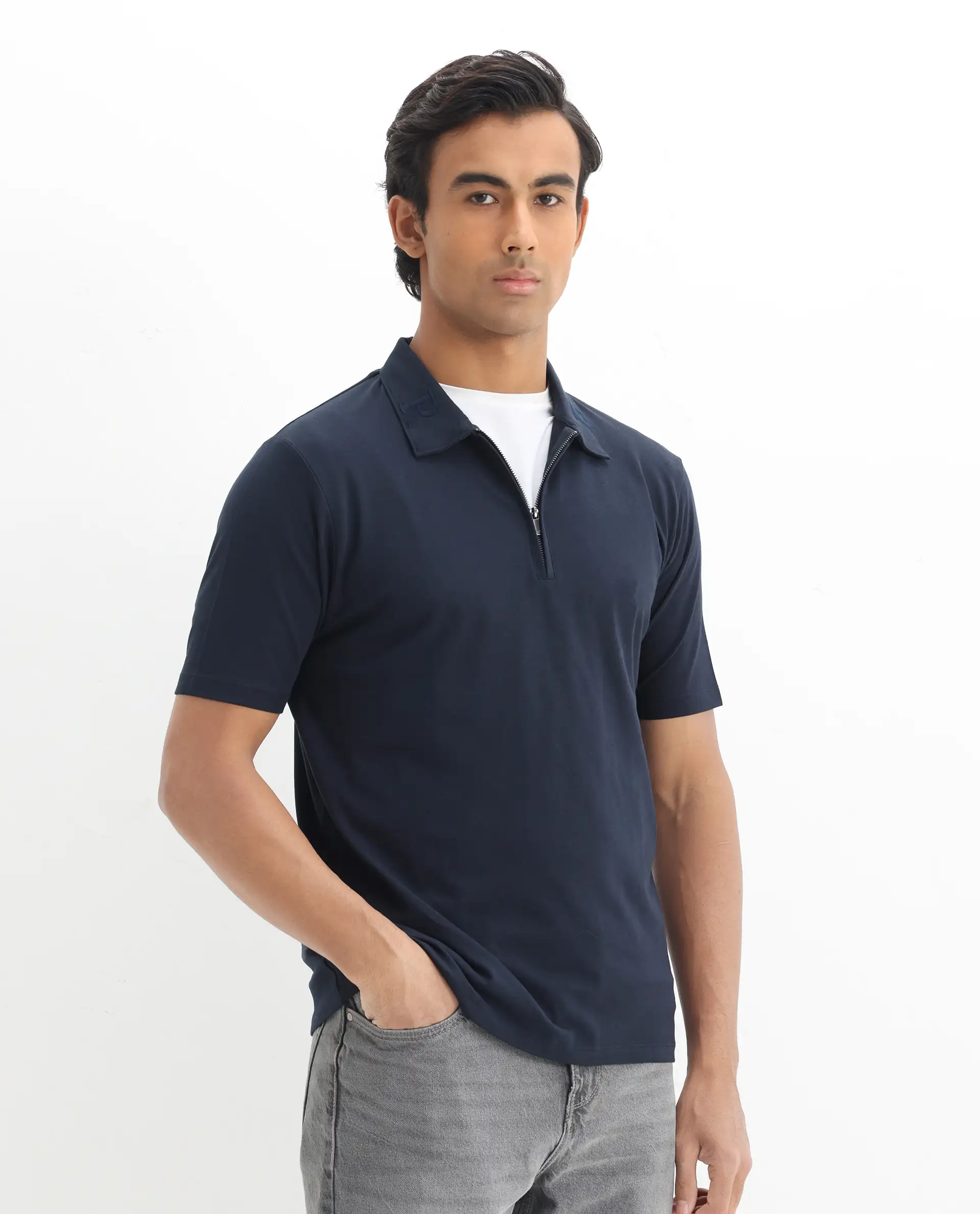 Rare Rabbit Men's Thero Navy Cotton Plain Regular Fit Half Sleeve Polo - Image 6