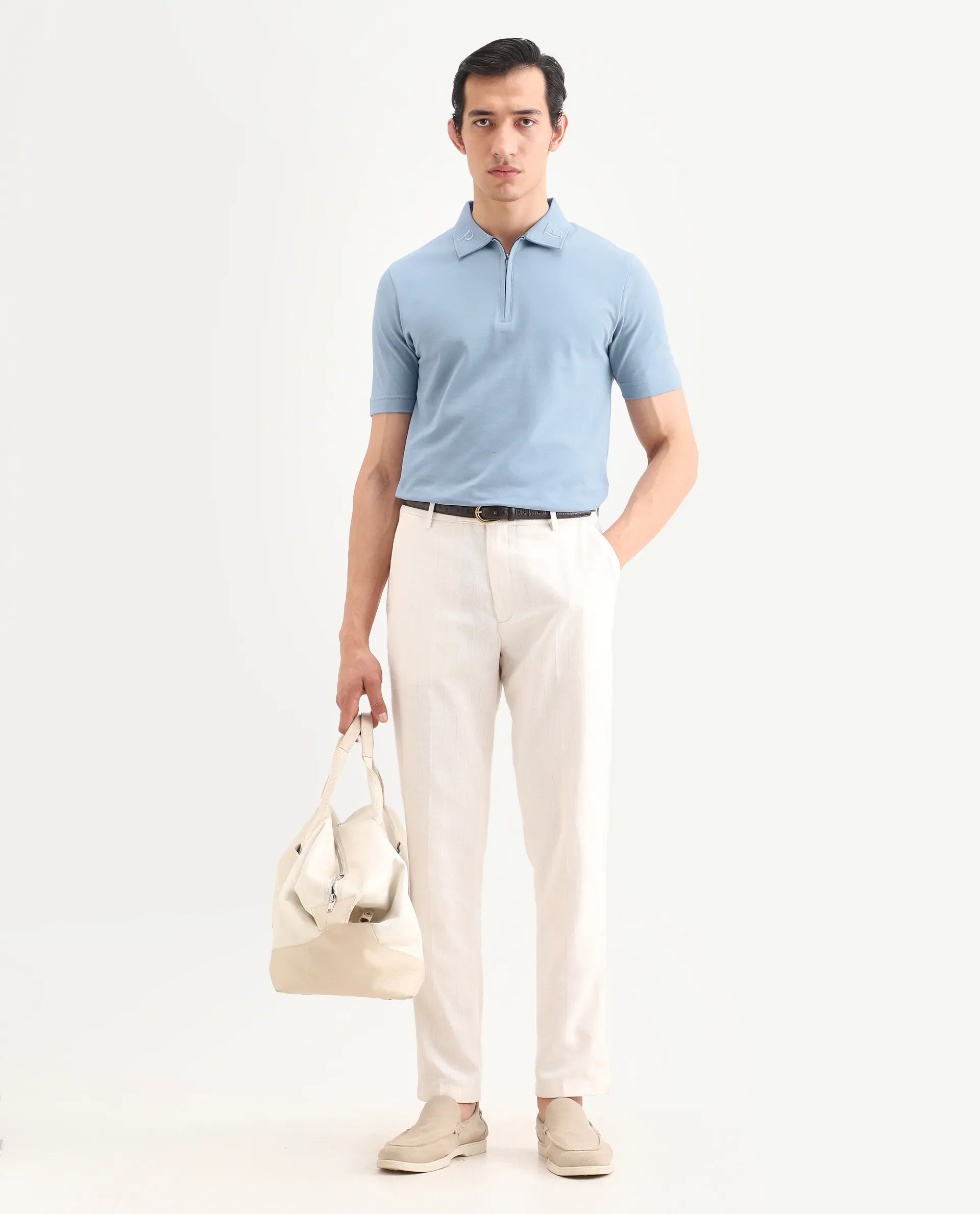 Rare Rabbit Men's Thero-S26 Dusky Blue Cotton Blend Fabric Half Sleeve Spread Collar Regular Fit Plain Polo - Image 2