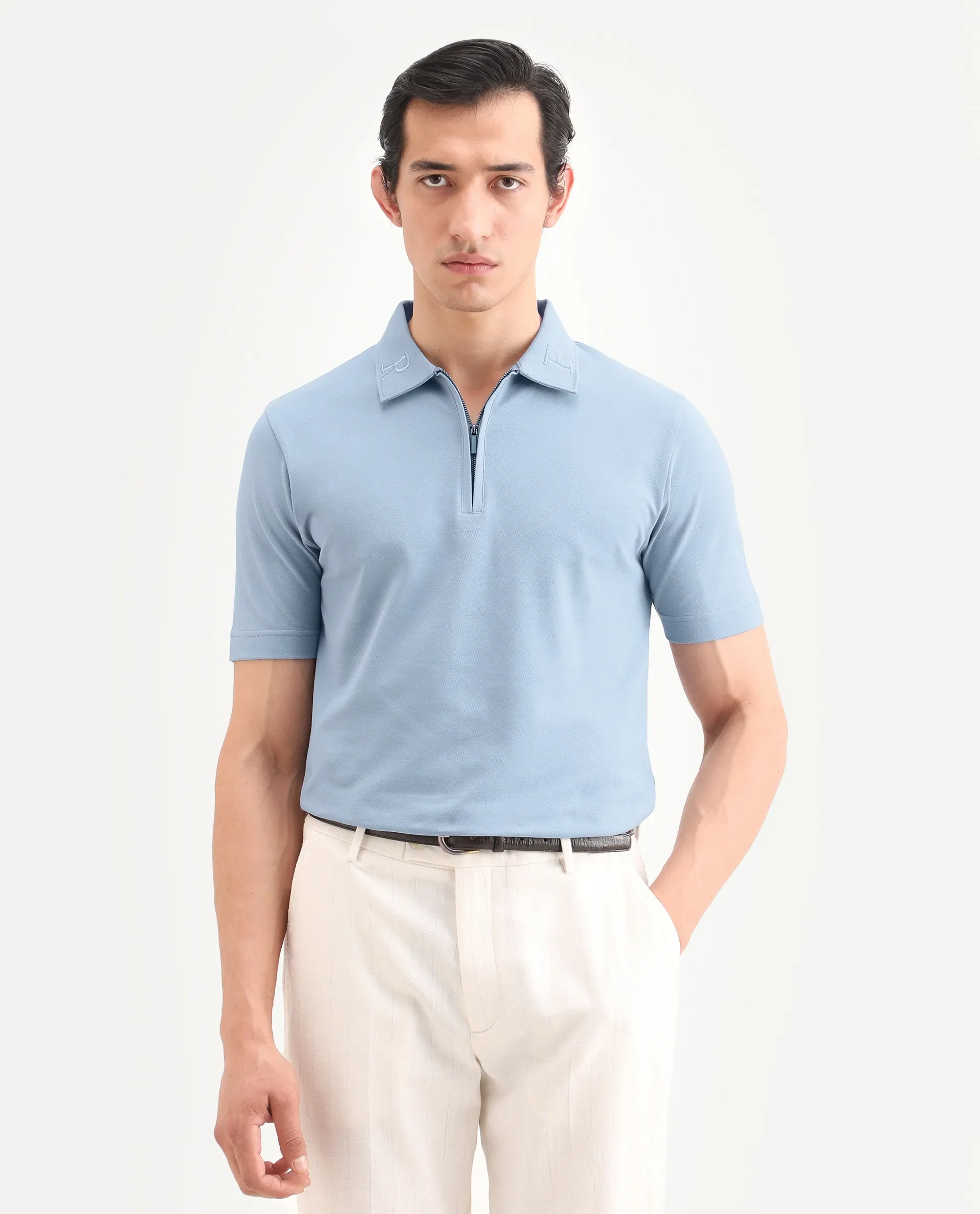 Rare Rabbit Men's Thero-S26 Dusky Blue Cotton Blend Fabric Half Sleeve Spread Collar Regular Fit Plain Polo - Image 3