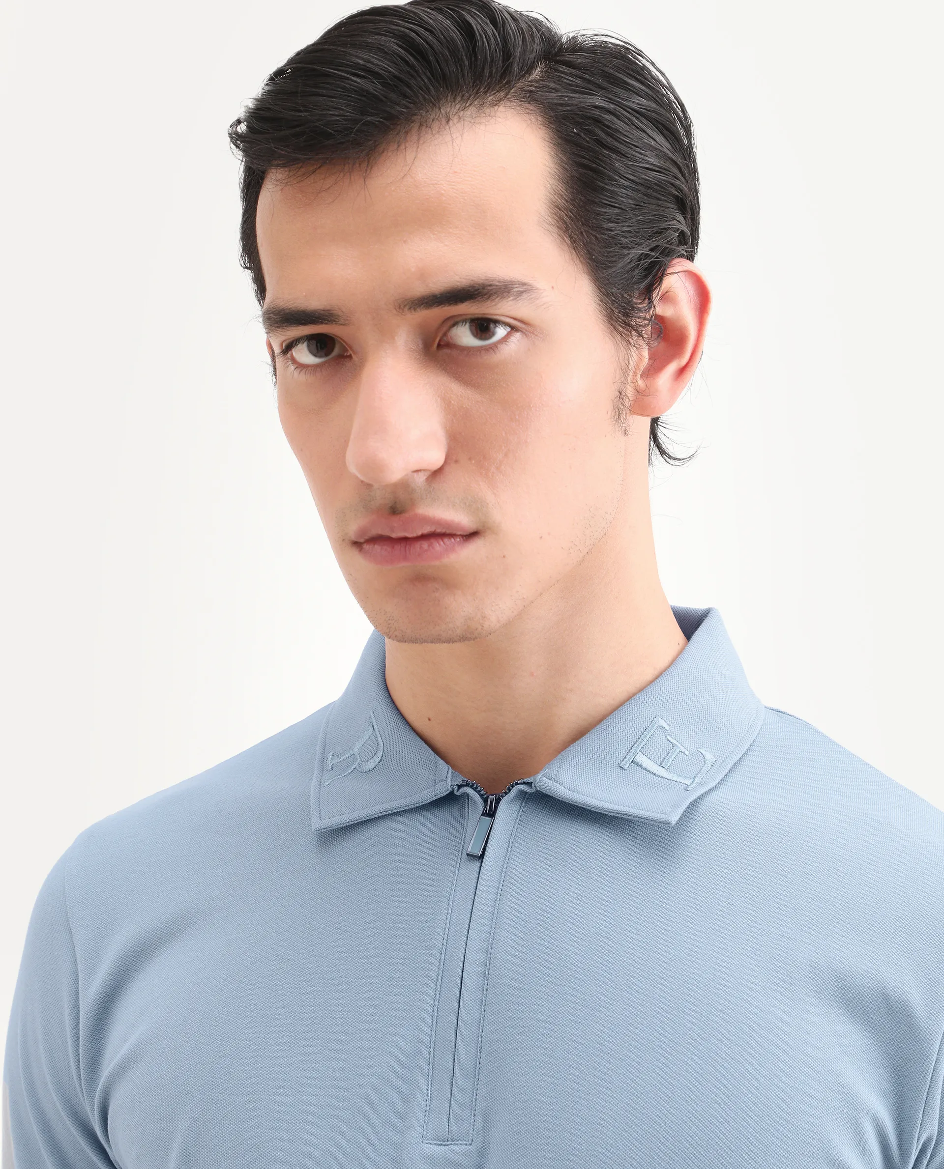 Rare Rabbit Men's Thero-S26 Dusky Blue Cotton Blend Fabric Half Sleeve Spread Collar Regular Fit Plain Polo - Image 5