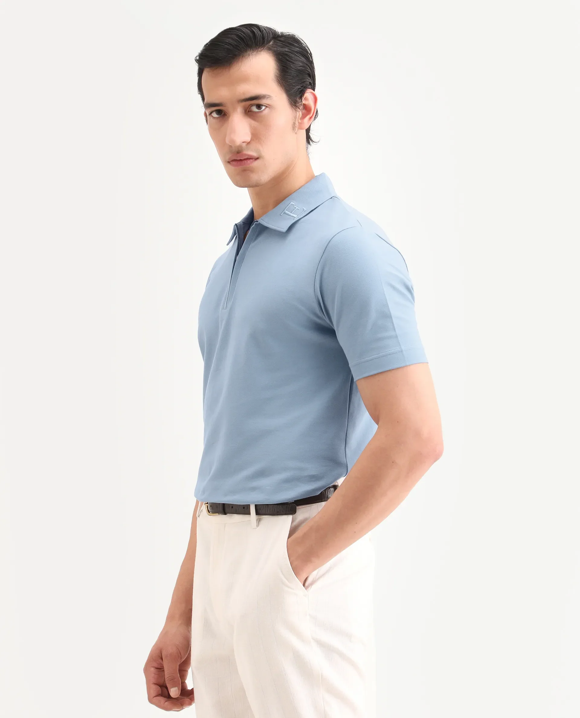 Rare Rabbit Men's Thero-S26 Dusky Blue Cotton Blend Fabric Half Sleeve Spread Collar Regular Fit Plain Polo - Image 6