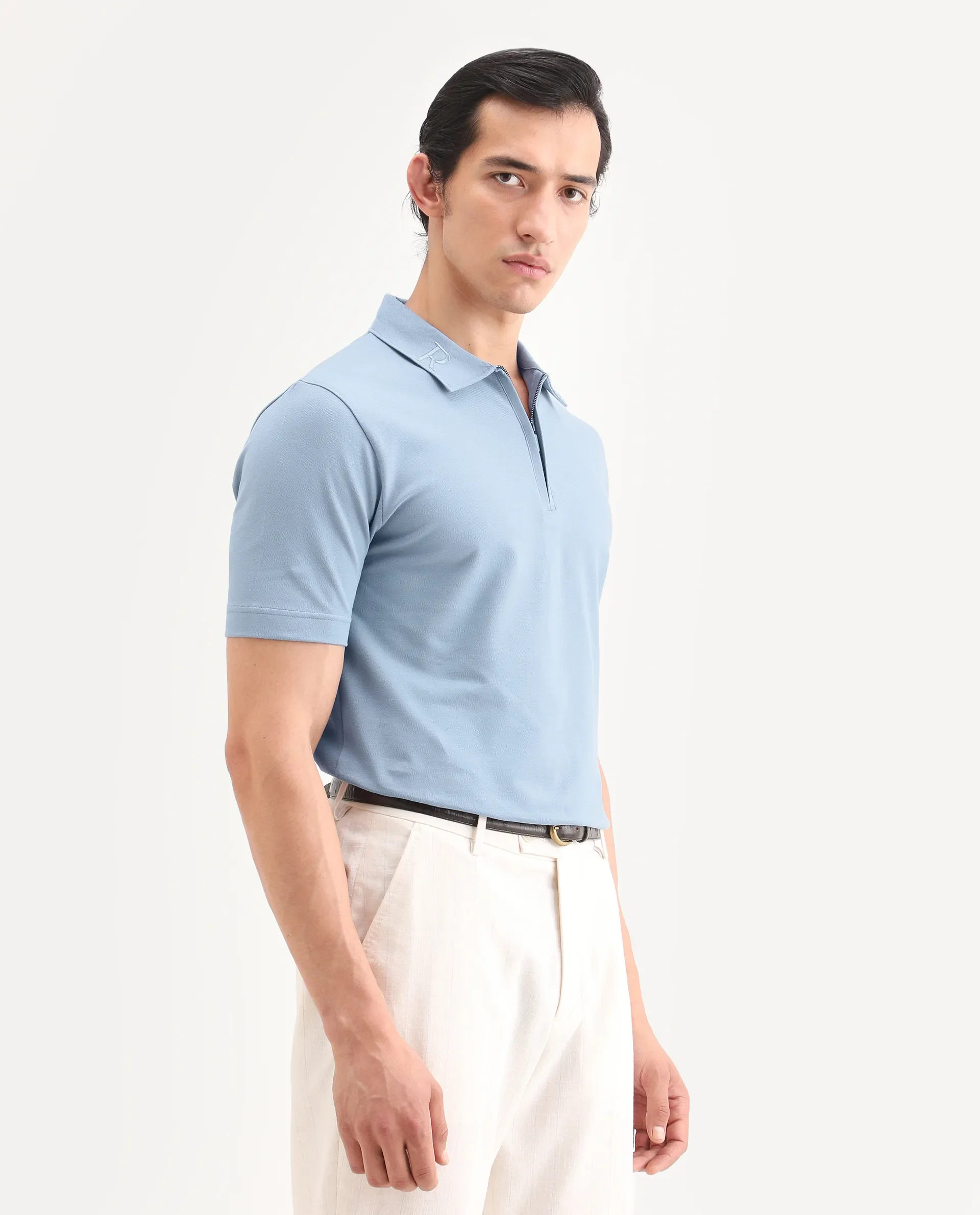 Rare Rabbit Men's Thero-S26 Dusky Blue Cotton Blend Fabric Half Sleeve Spread Collar Regular Fit Plain Polo - Image 7