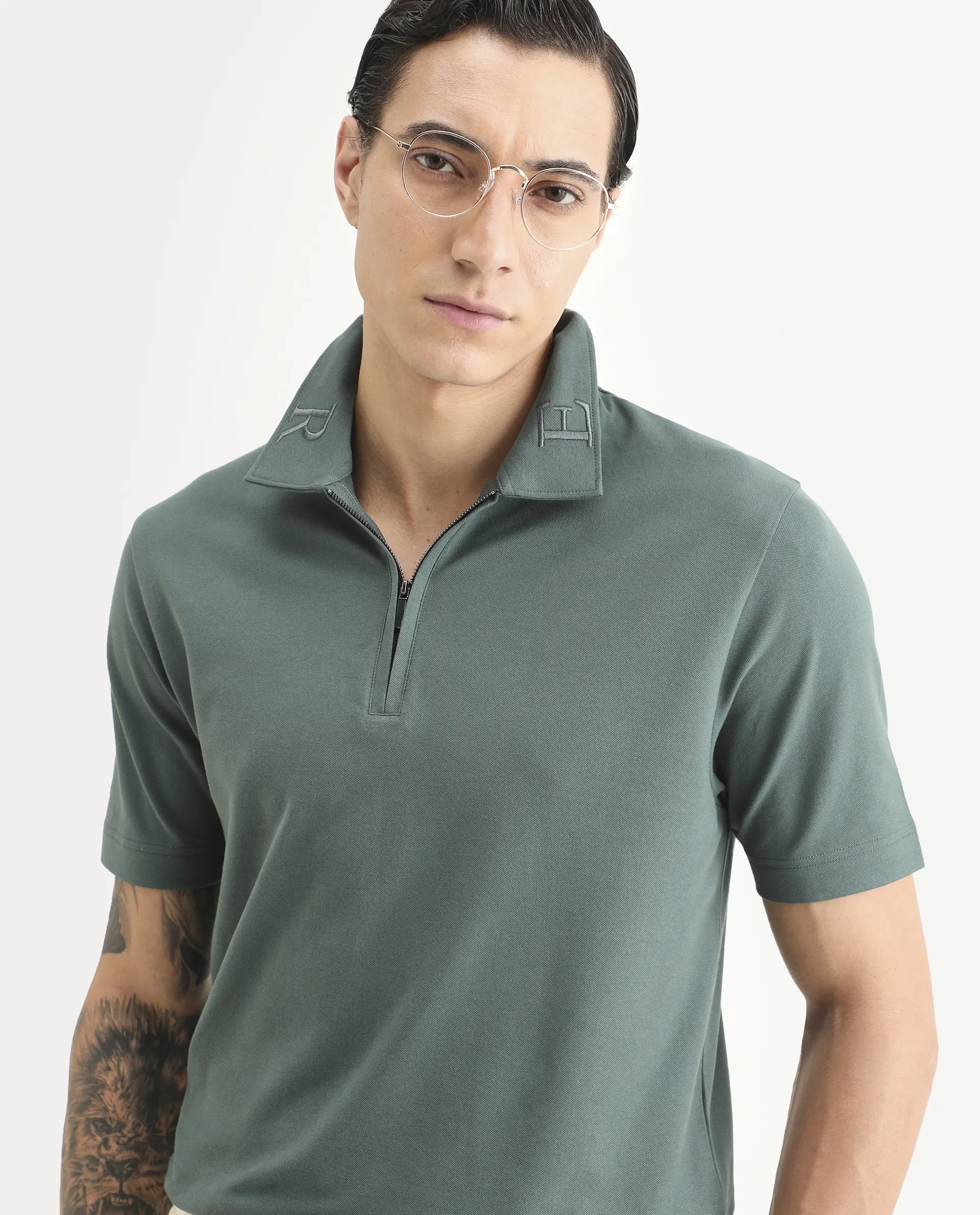 Rare Rabbit Men's Thero-S26 Dusky Green Cotton Blend Fabric Half Sleeve Spread Collar Regular Fit Plain Polo
