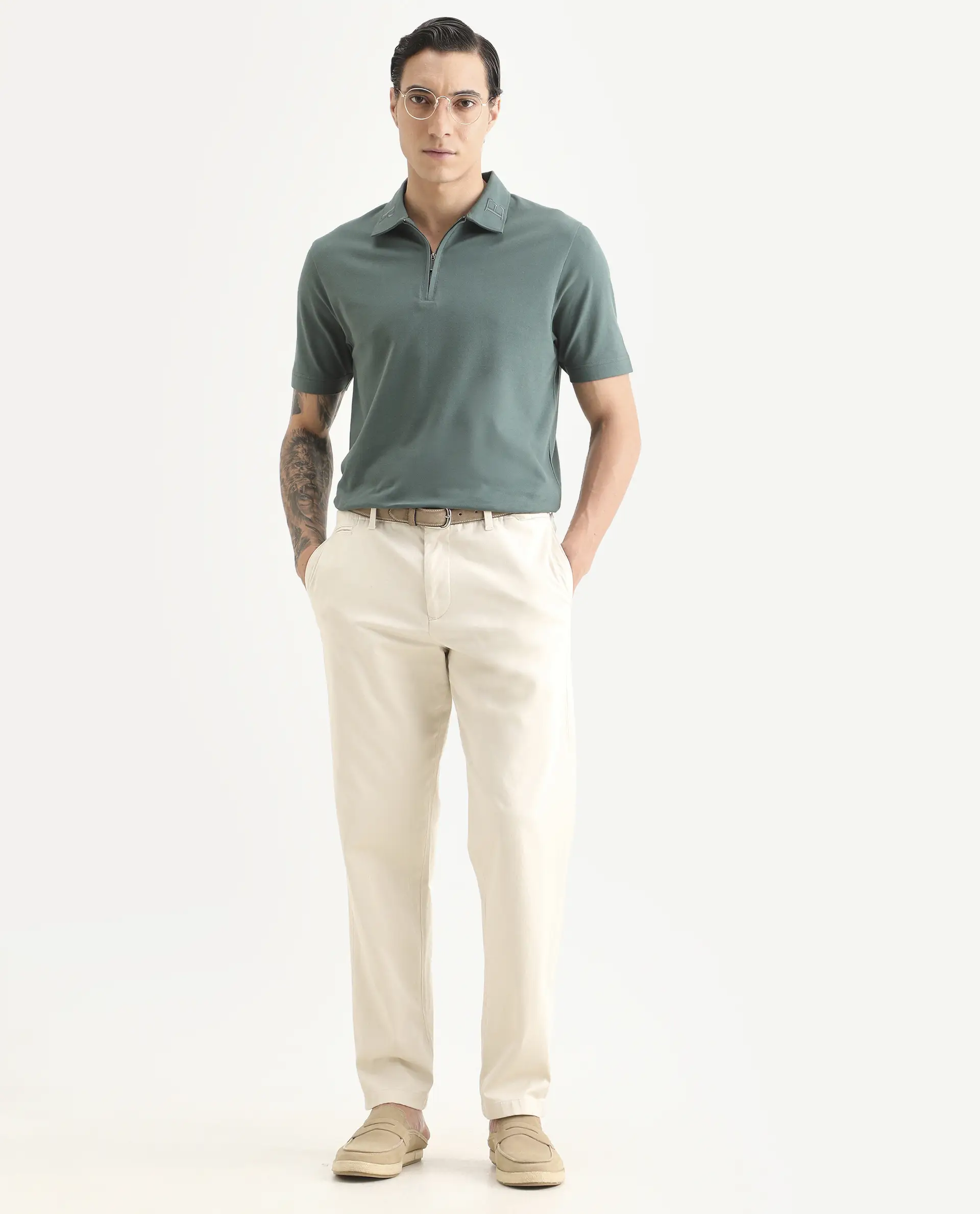 Rare Rabbit Men's Thero-S26 Dusky Green Cotton Blend Fabric Half Sleeve Spread Collar Regular Fit Plain Polo - Image 2