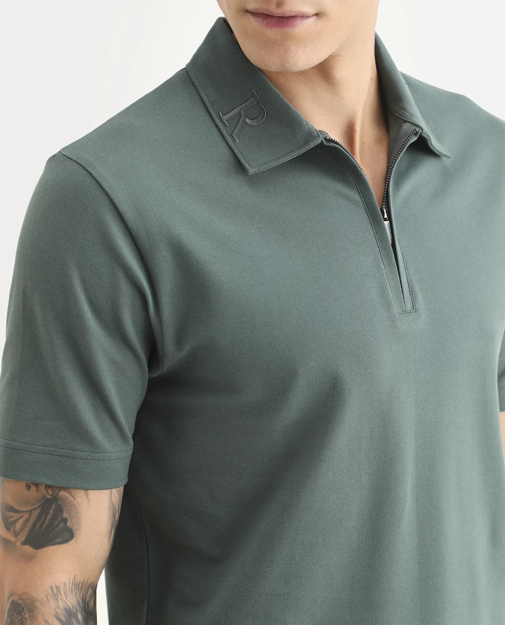 Rare Rabbit Men's Thero-S26 Dusky Green Cotton Blend Fabric Half Sleeve Spread Collar Regular Fit Plain Polo - Image 3