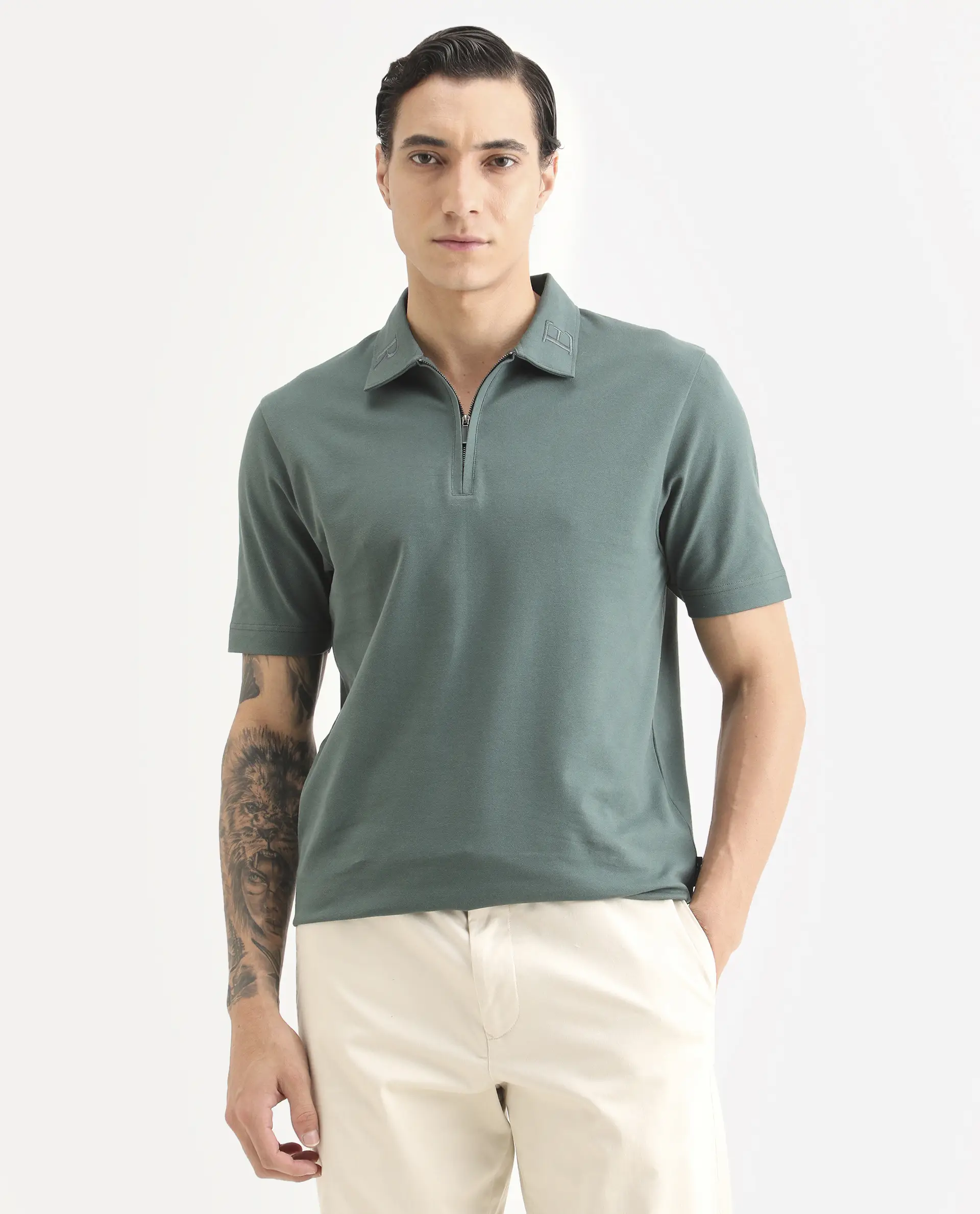 Rare Rabbit Men's Thero-S26 Dusky Green Cotton Blend Fabric Half Sleeve Spread Collar Regular Fit Plain Polo - Image 4