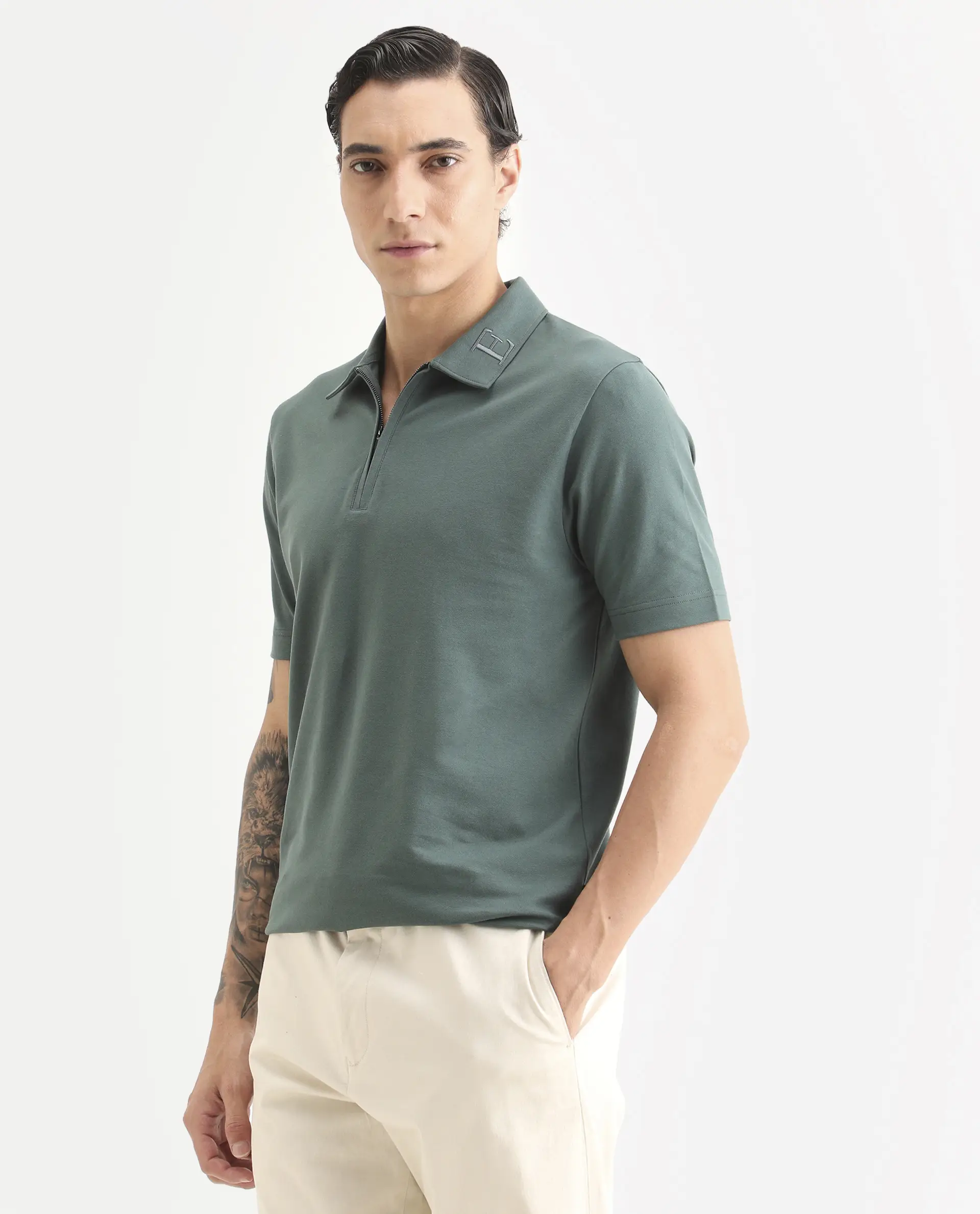 Rare Rabbit Men's Thero-S26 Dusky Green Cotton Blend Fabric Half Sleeve Spread Collar Regular Fit Plain Polo - Image 5
