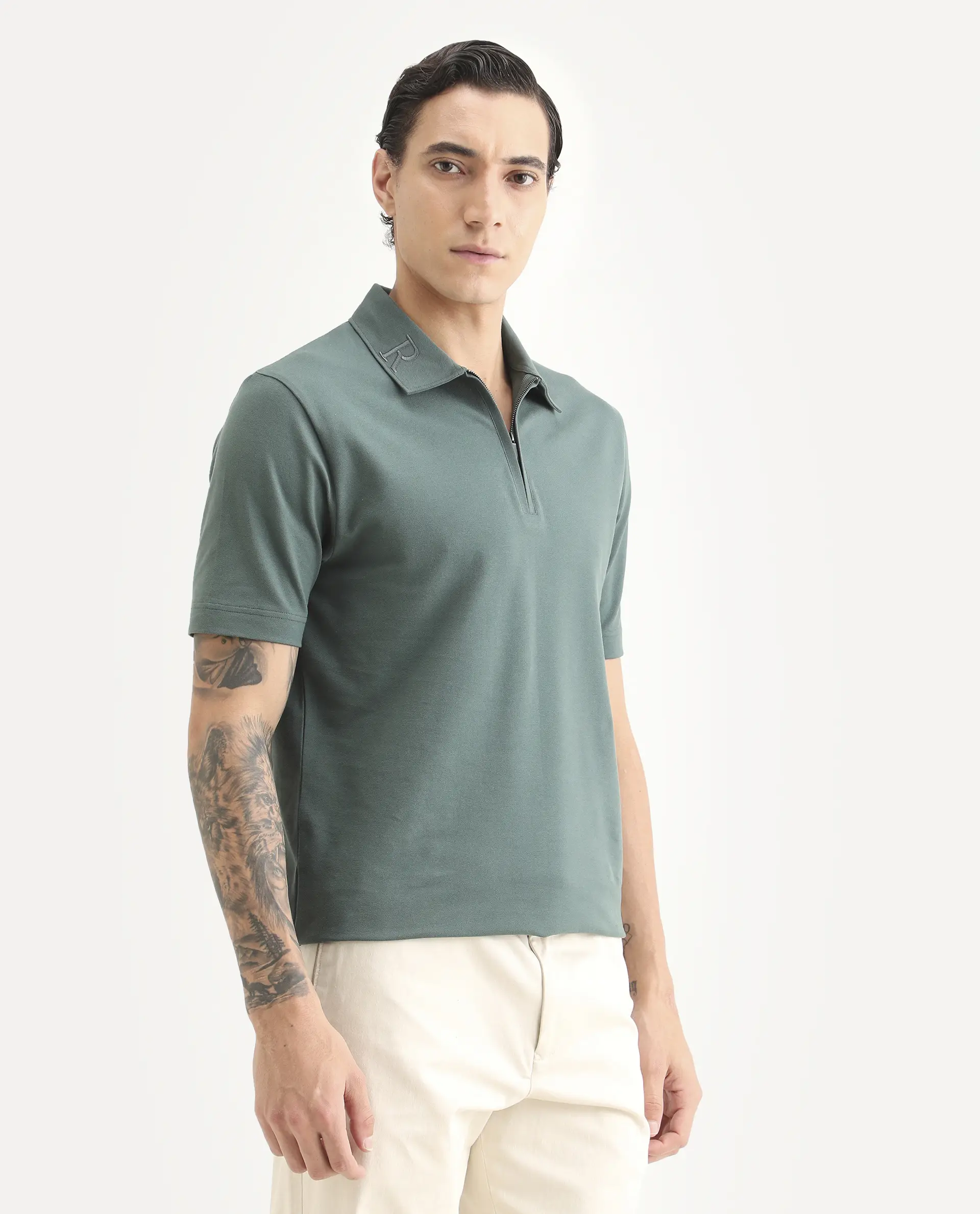 Rare Rabbit Men's Thero-S26 Dusky Green Cotton Blend Fabric Half Sleeve Spread Collar Regular Fit Plain Polo - Image 6