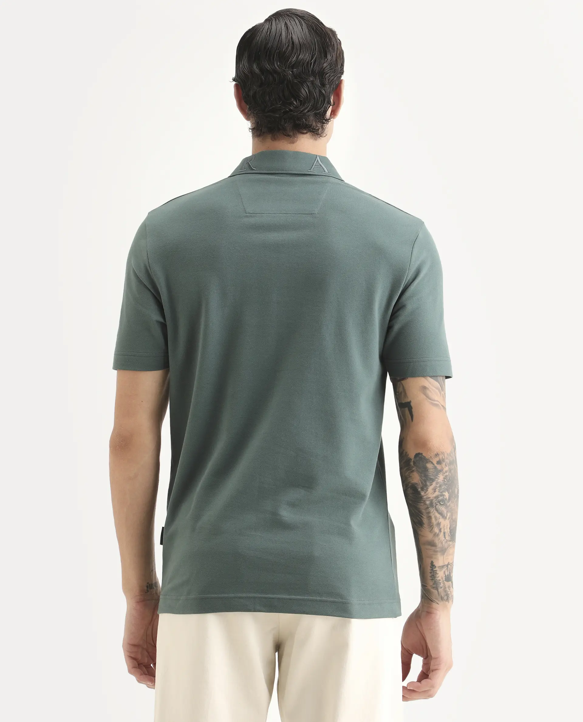 Rare Rabbit Men's Thero-S26 Dusky Green Cotton Blend Fabric Half Sleeve Spread Collar Regular Fit Plain Polo - Image 7