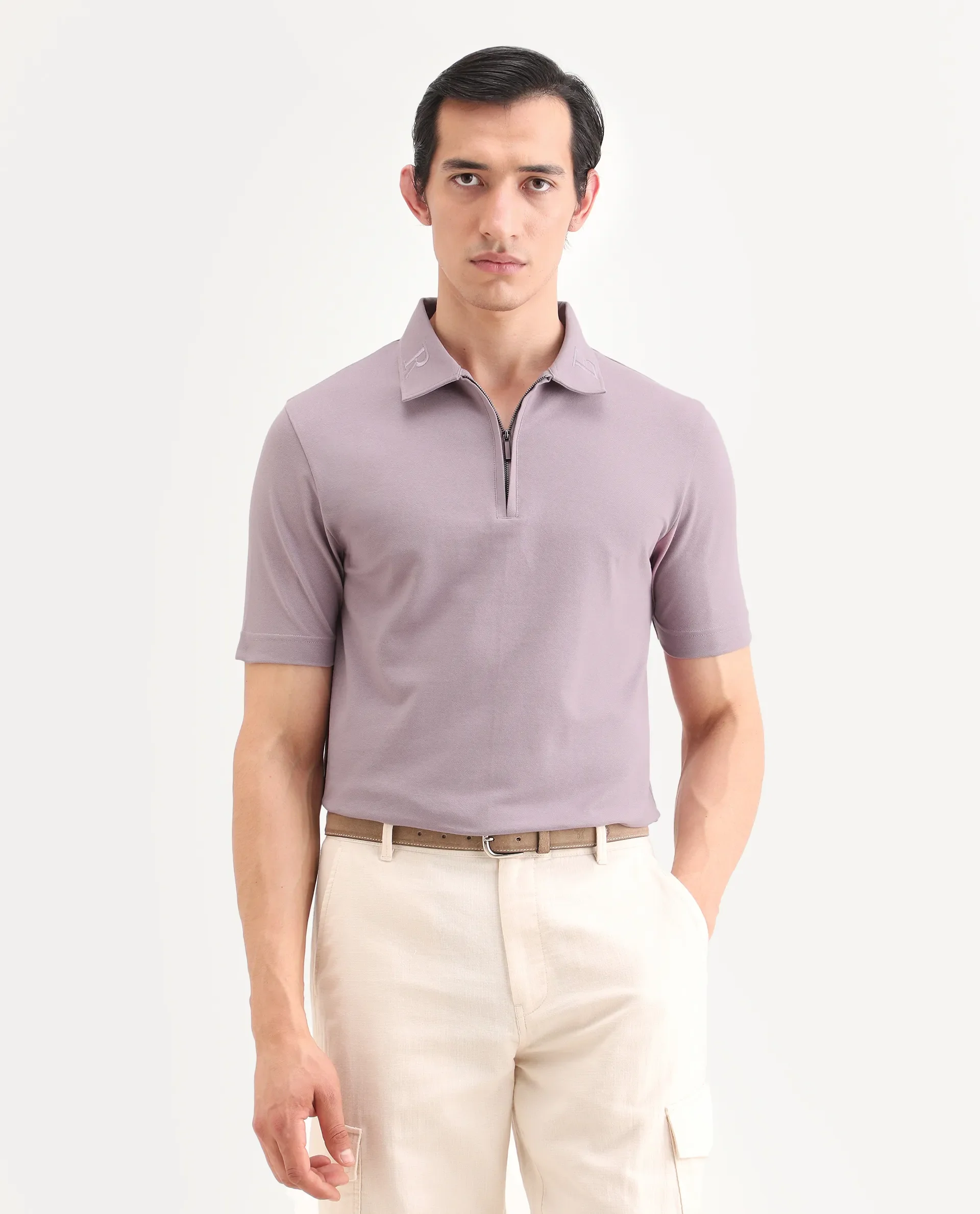 Rare Rabbit Men's Thero-S26 Dusky Pink Cotton Blend Fabric Half Sleeve Spread Collar Regular Fit Plain Polo - Image 3